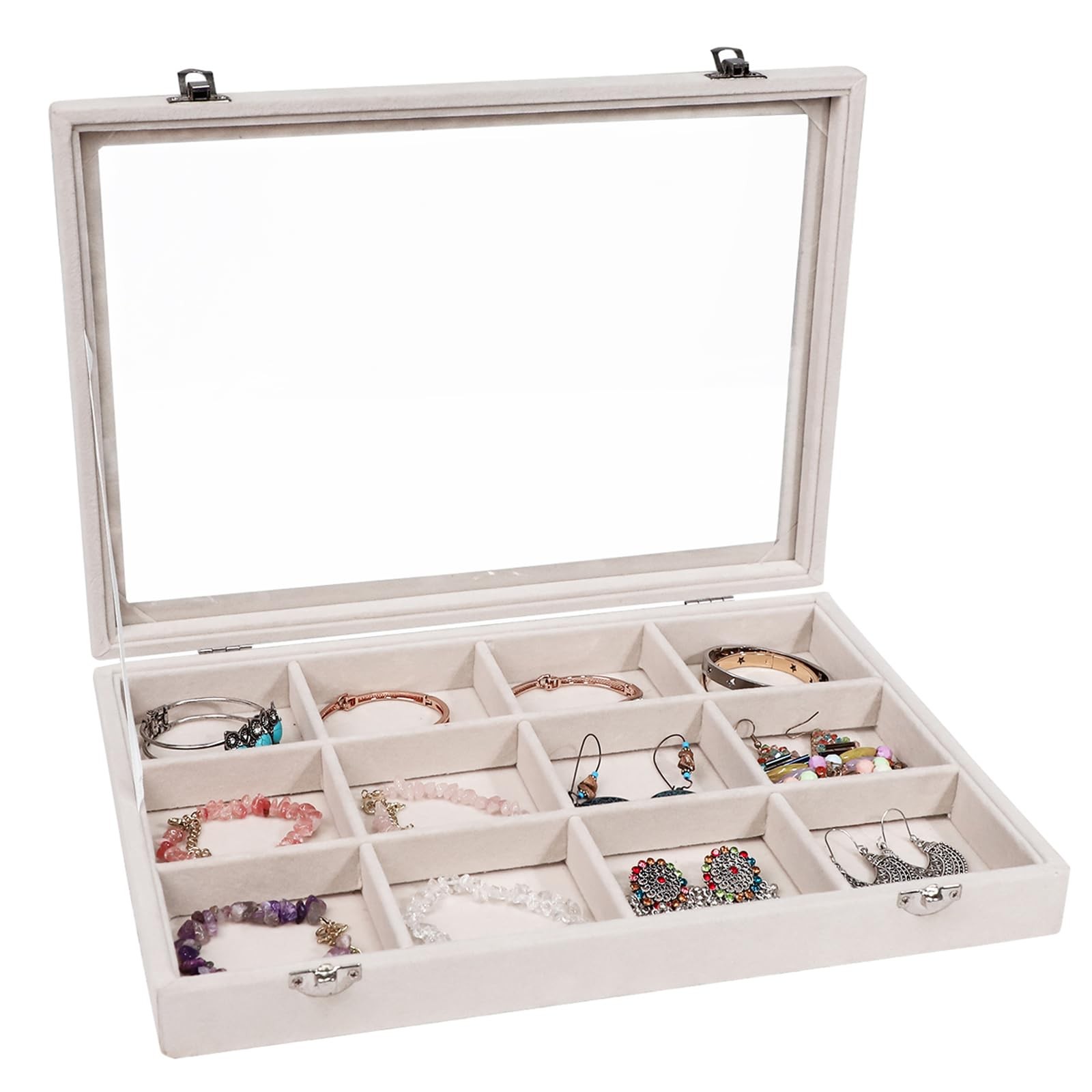 Stratalife Jewelry Organizer Box Beige Velvet 12 Grids 13.78″ Dustproof Tray