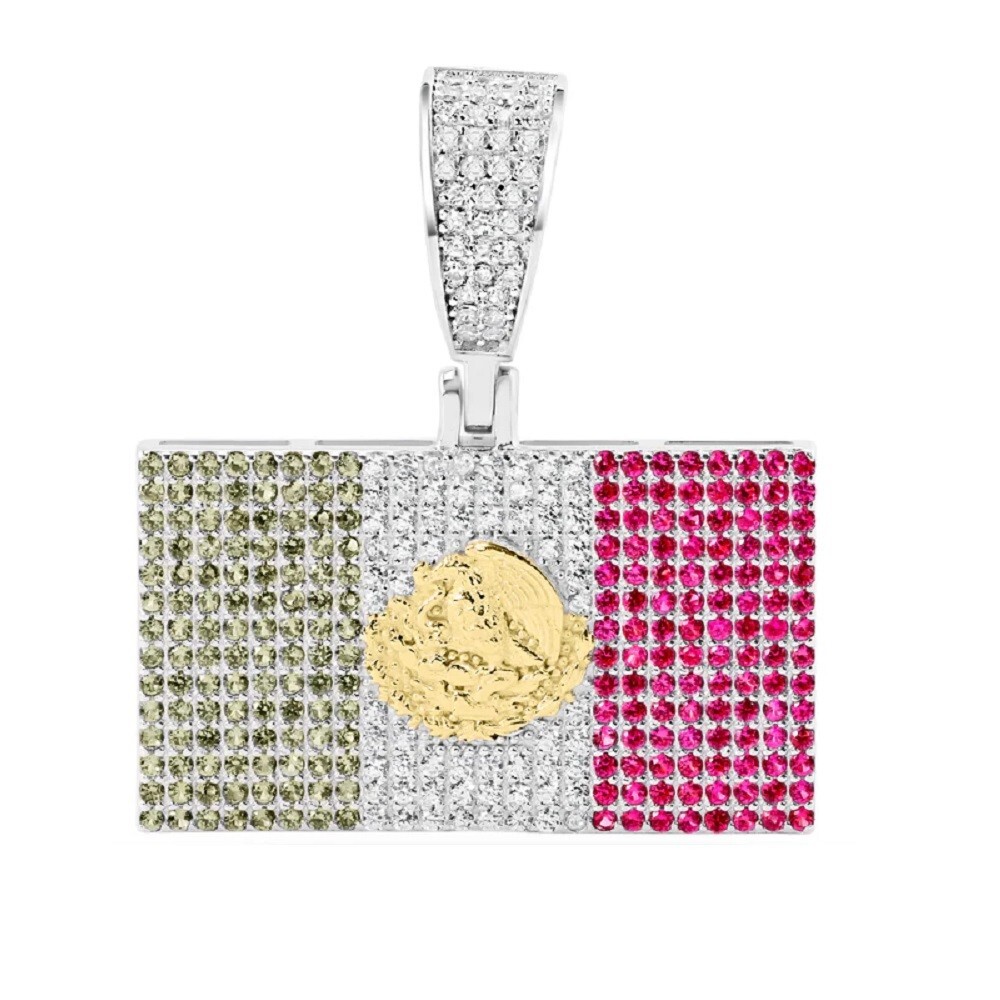 Sterling Silver Mexican Flag Hip Hop Rectangular Pendant w/ Multicolor CZ Stones