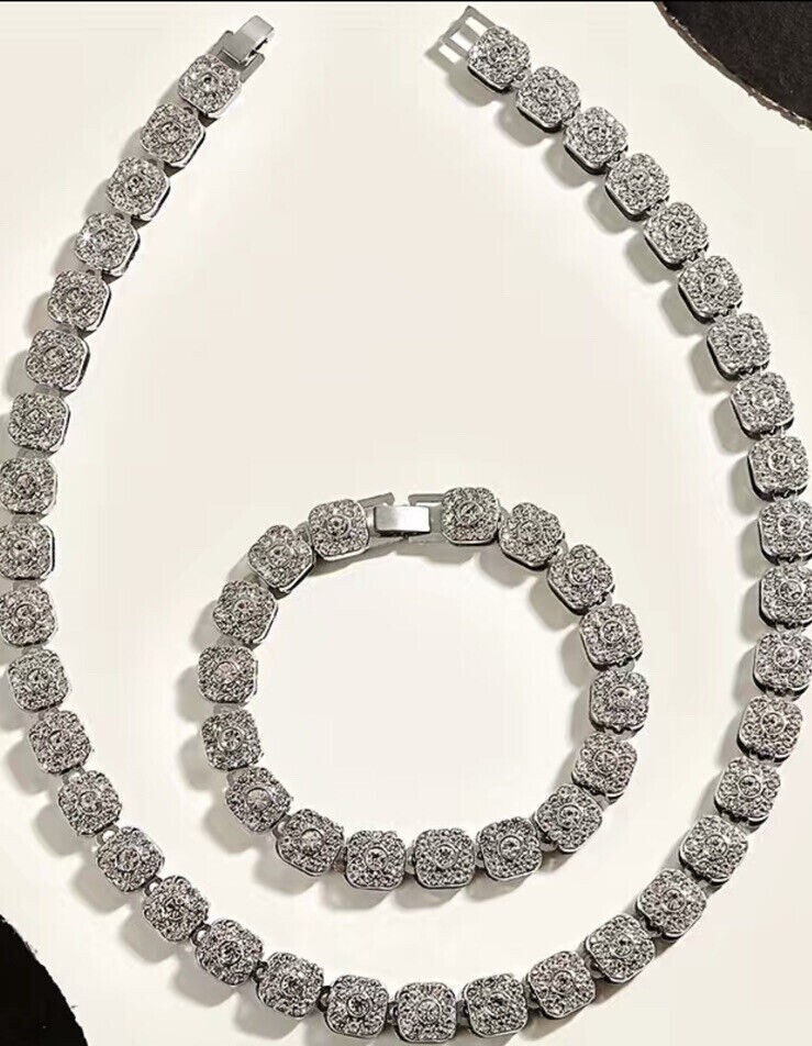 Fashion Women Men Miami Hip Hop Style Rhinestone Bracelet & Necklace Set 2 PCS