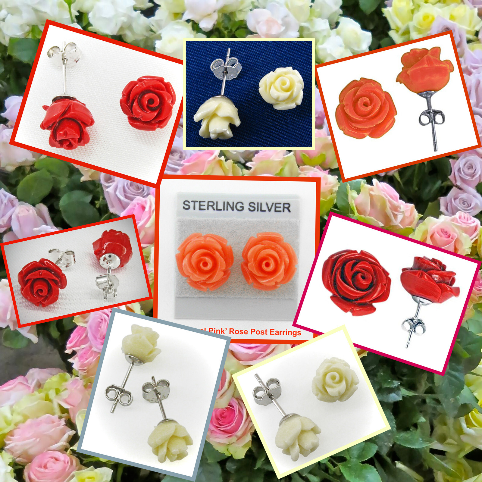 11mm “Coral Red” Rose Earrings in SOLID Sterling Silver – LOWER PRICE!