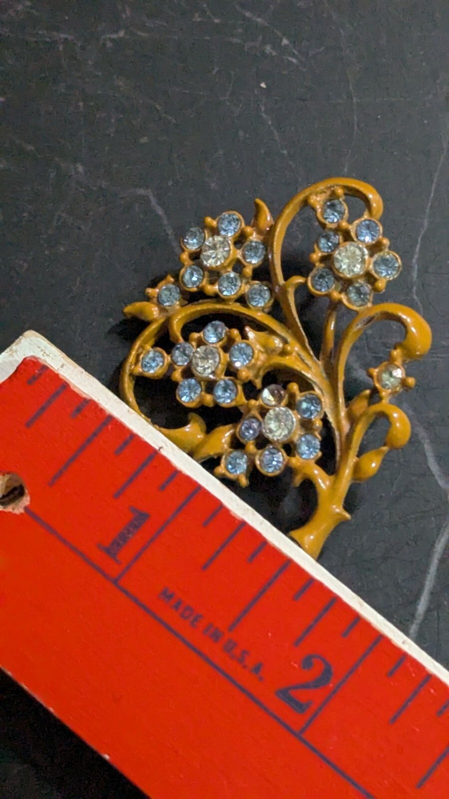 Vintage Mustard Yellow Enamel Blue Rhinestone Flower Brooch Pin 2 Inch Floral