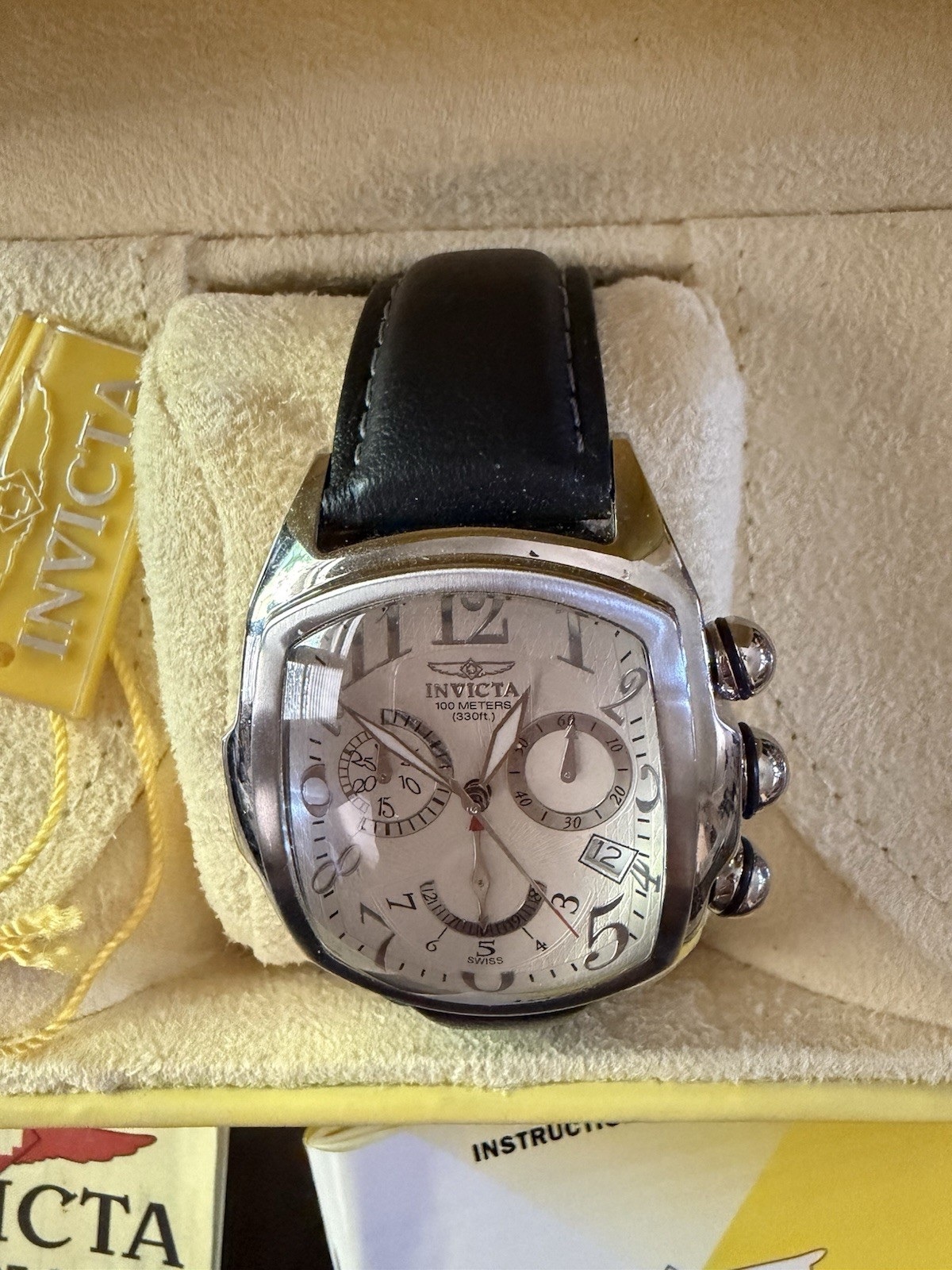 Invicta Lupah Men’s Chronograph Date 100m Silver Dial Black Leather