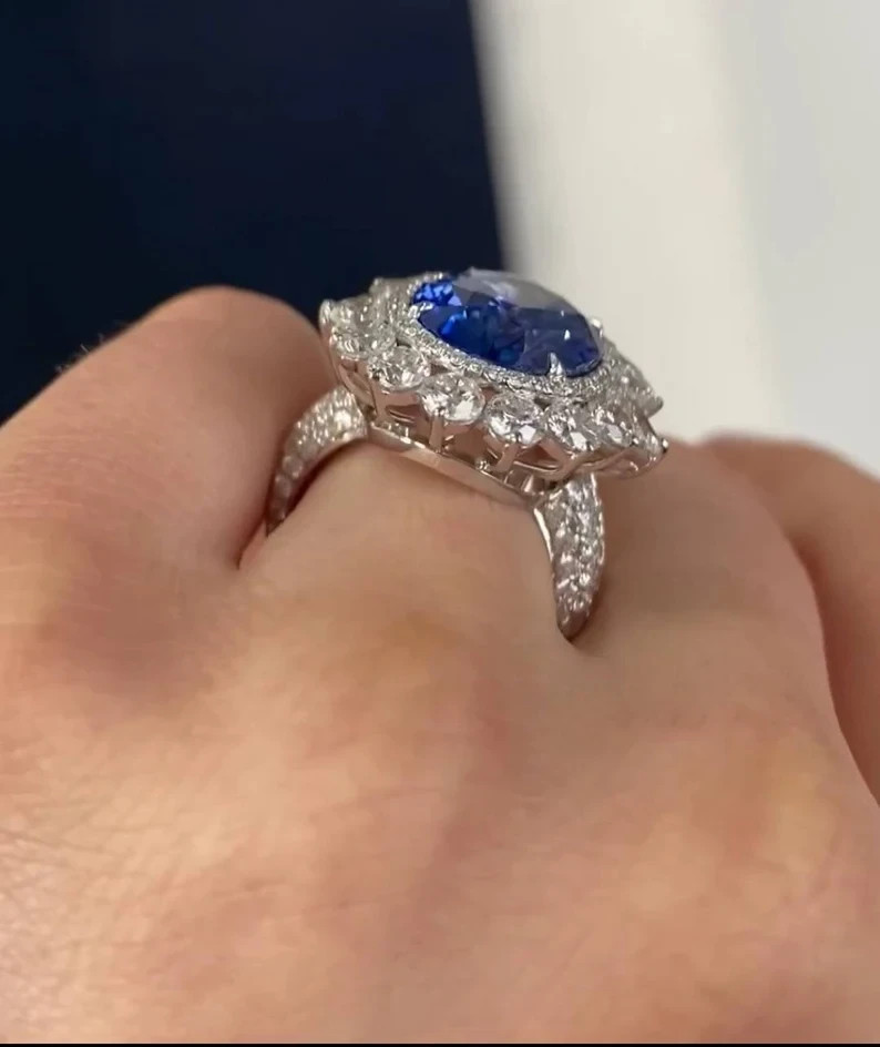6.00 Ct Oval Natural Sapphire & Diamond Wedding Ring 14K White Gold Size 8