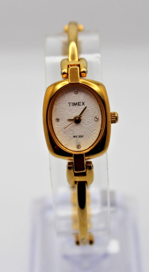 Timex Women’s Gold Tone Bracelet Watch White Textured Dial Crystal Accents WR30M