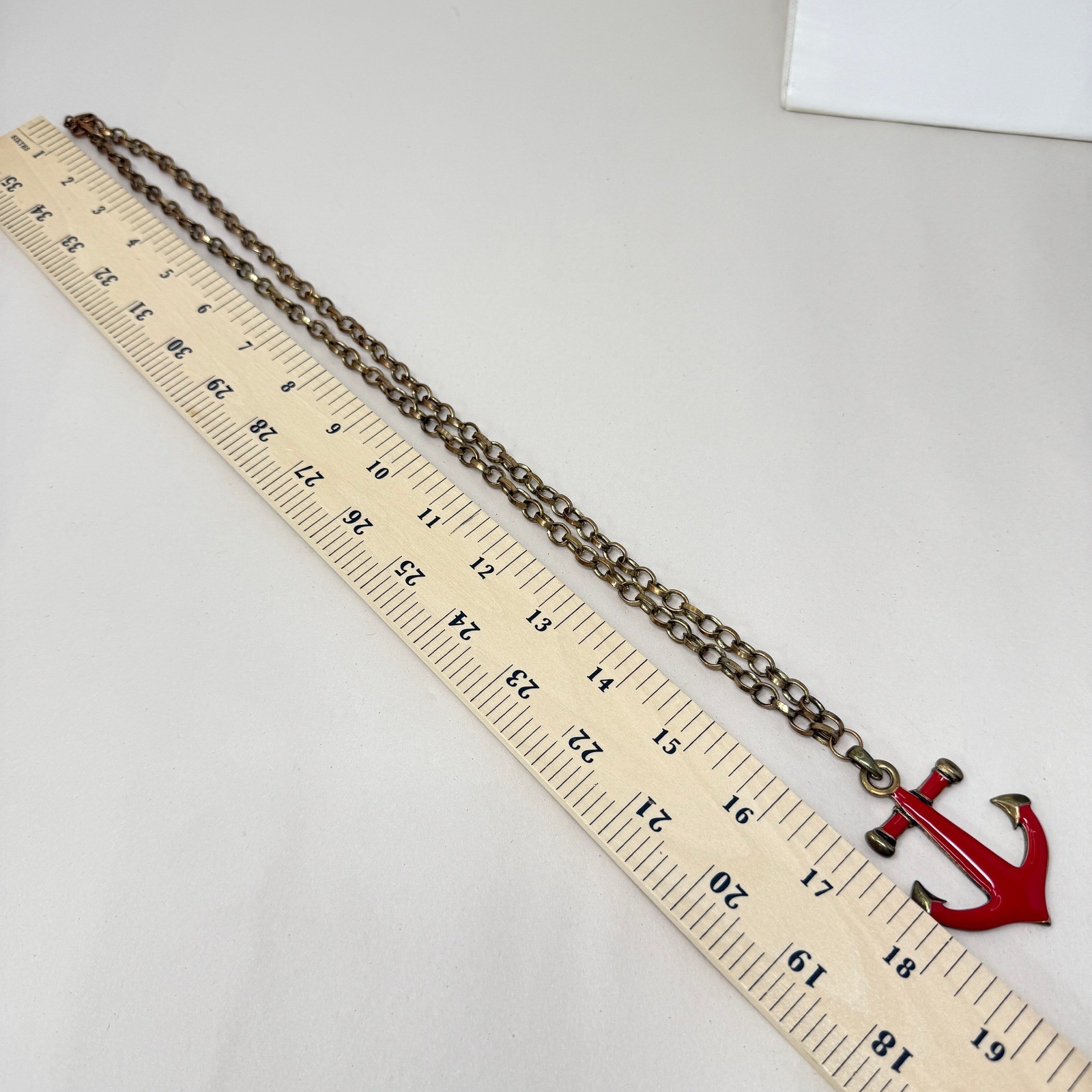 Anchor Pendant Necklace Red Enamel Vintage Gold Tone Chain Nautical Maritime