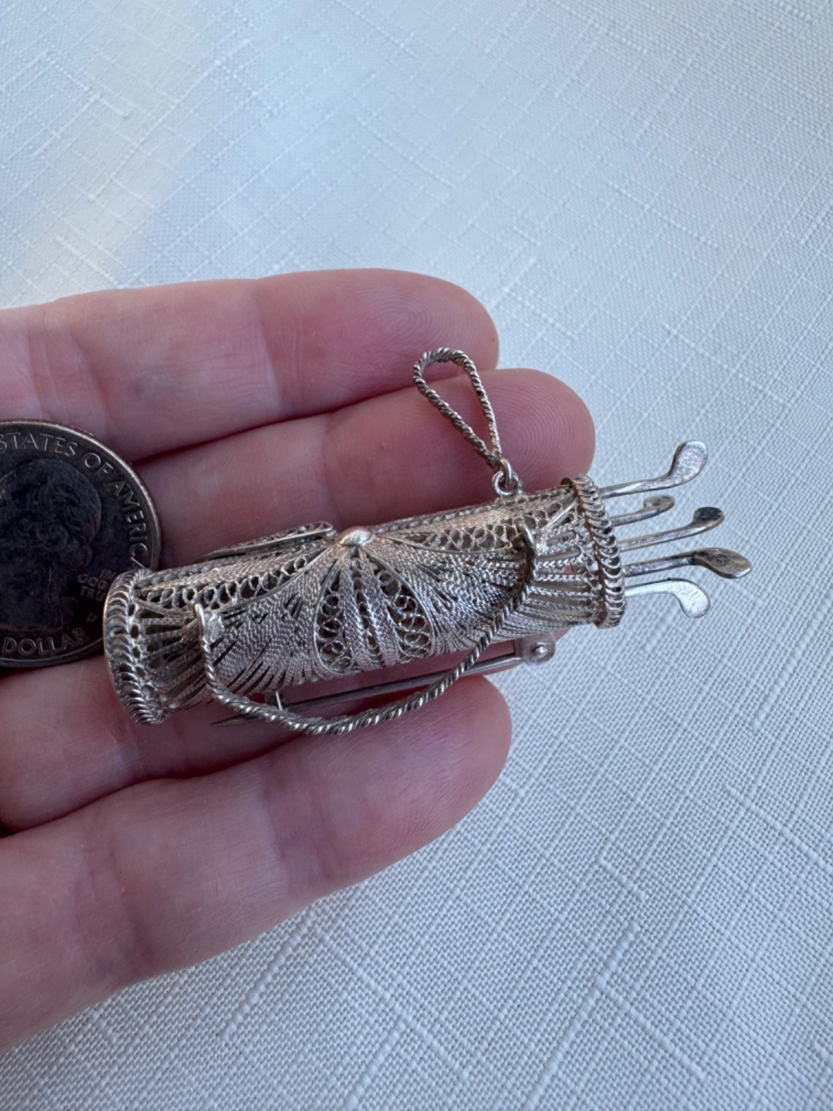 Estate Sterling Silver 950 Filigree Golf Bag w/ Clubs Brooch Pin Golfing 10.7g