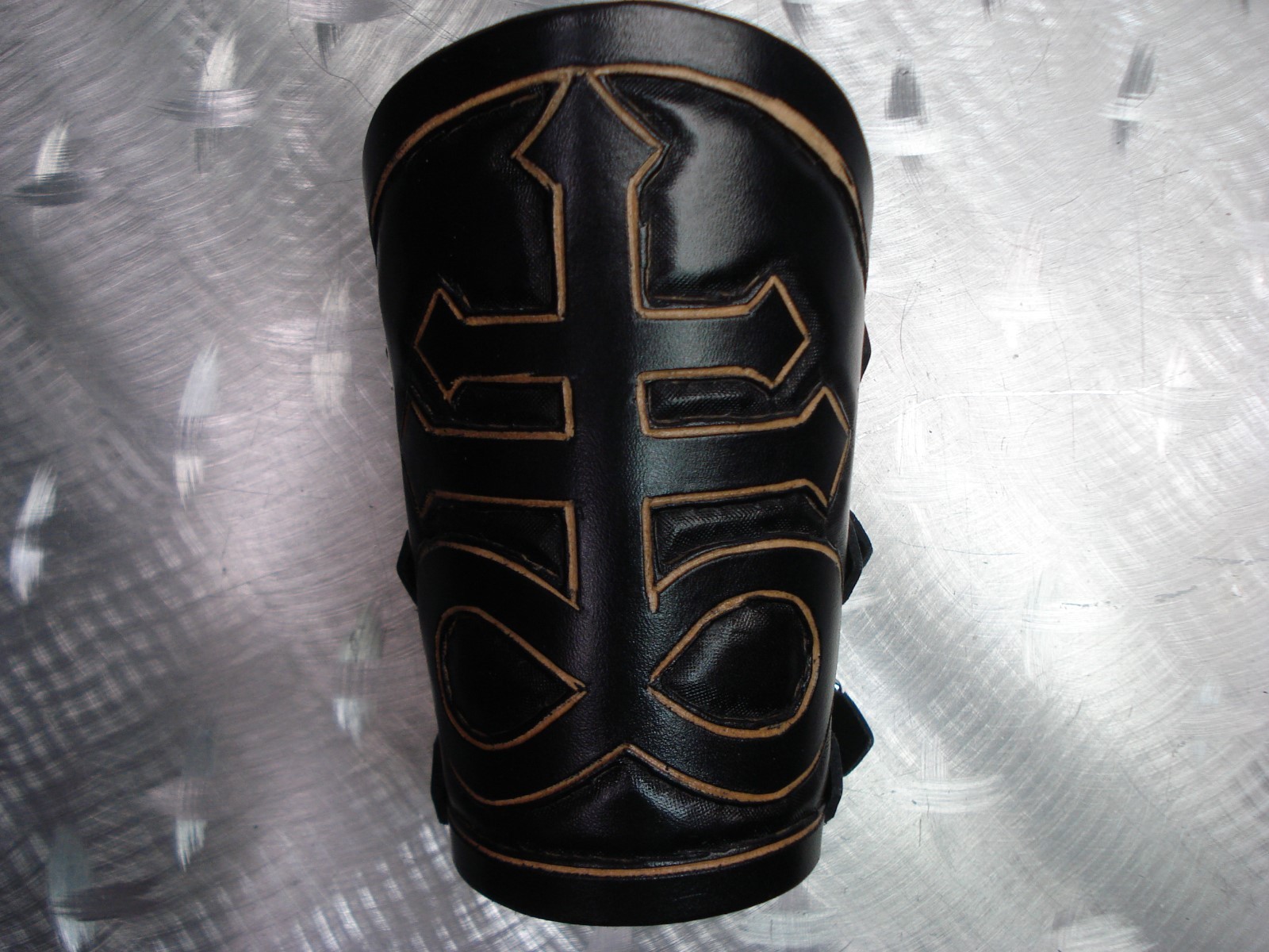 BLACK CARVED SATANIC LEATHER GAUNTLET. HEAVY METAL (MDLG0328)…..KING DIAMOND
