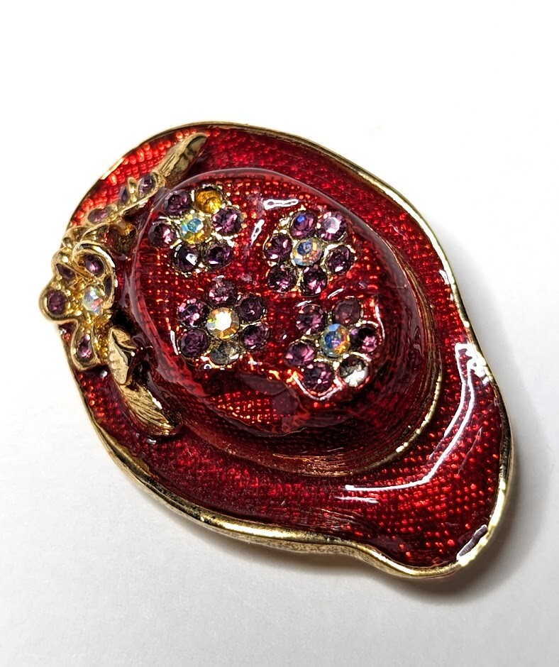 Vintage Enamel Red Hat Brooch Matching Earrings AB Rhinestones Flower