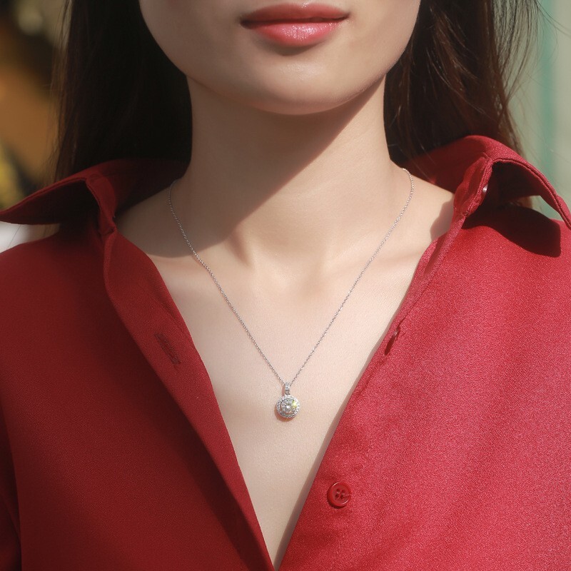 Moissanite Halo Circle Wedding Necklace in Sterling Silver