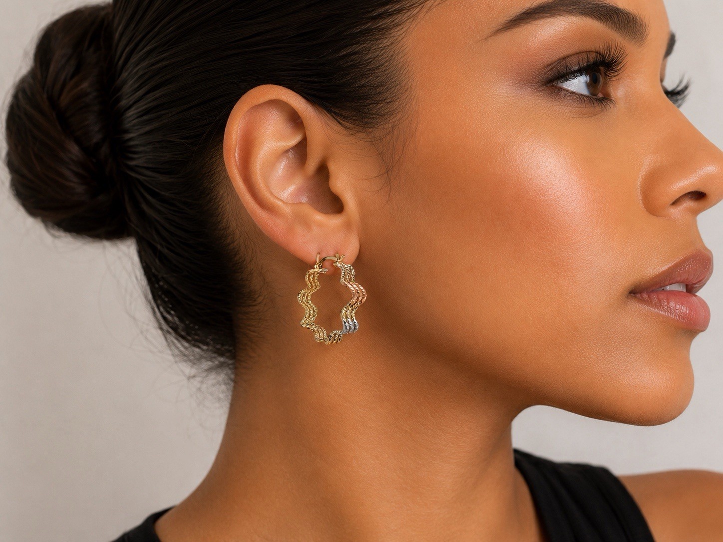 14K Gold Filled Tri Color Twisted Rope Star Flower Hoop Earrings Women
