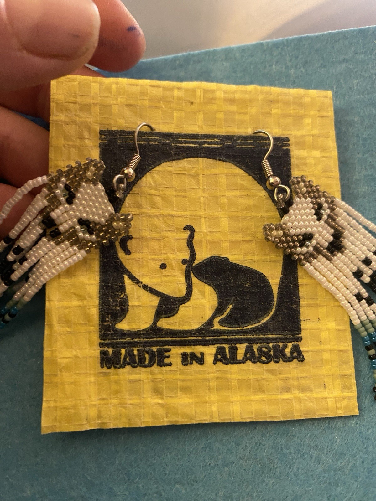 Wolf Earrings Beaded , Handmade In Alaska, Dangly White Blue Black