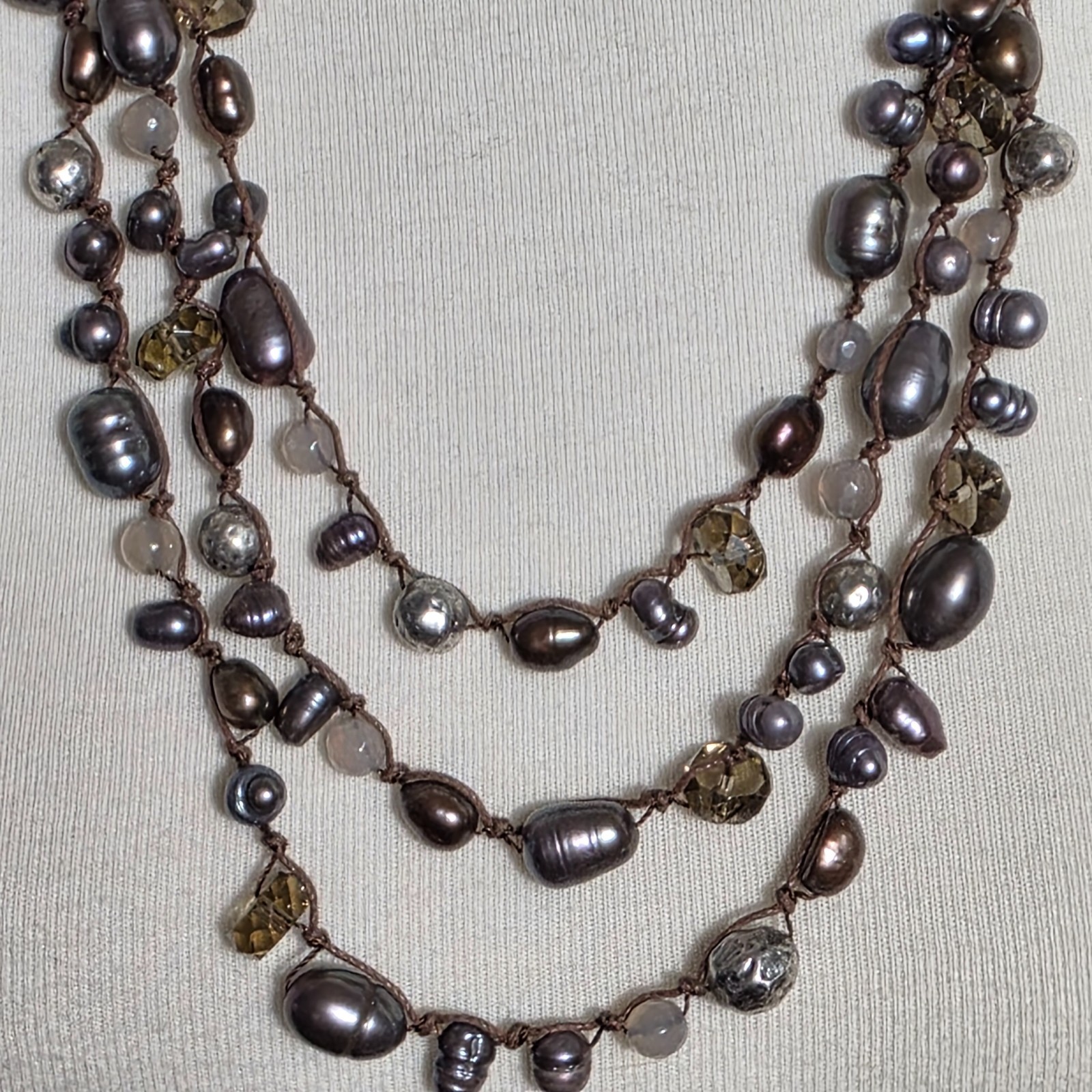 J. Jill Triple Strand Necklace Gray & Bronze Colored Beads on Brown Cord