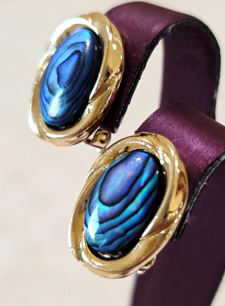 Blue Gold ARIKI PAUA Genuine Shell Palladium Plated Oval CLIP Earrings