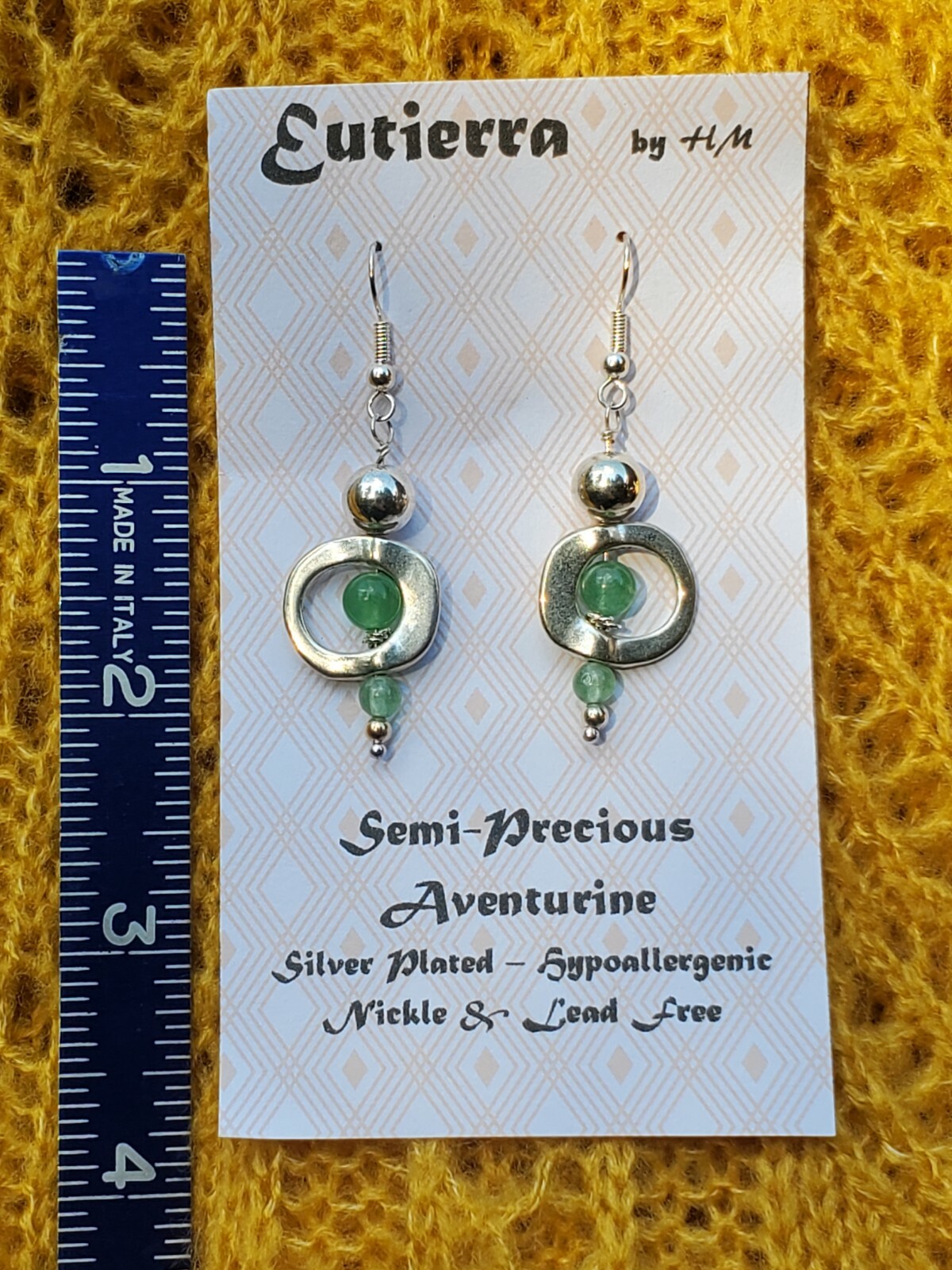 Eutierra Semi-Precious Aventurine Earrings Hand Crafted In USA Silver Plated 2″