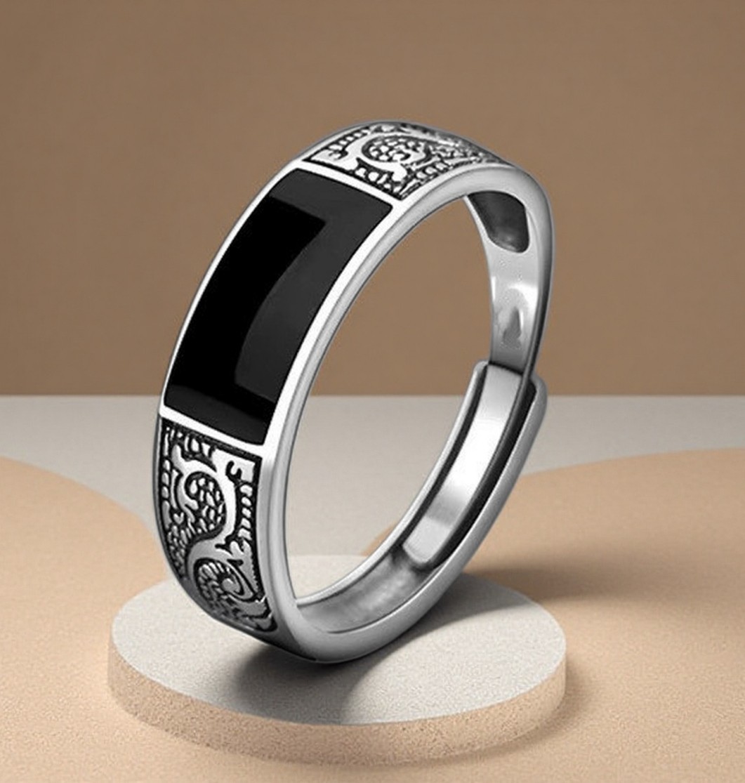 Men’s Vintage Dragon Engraved Black Enamel Adjustable Silver Tone Open Ring