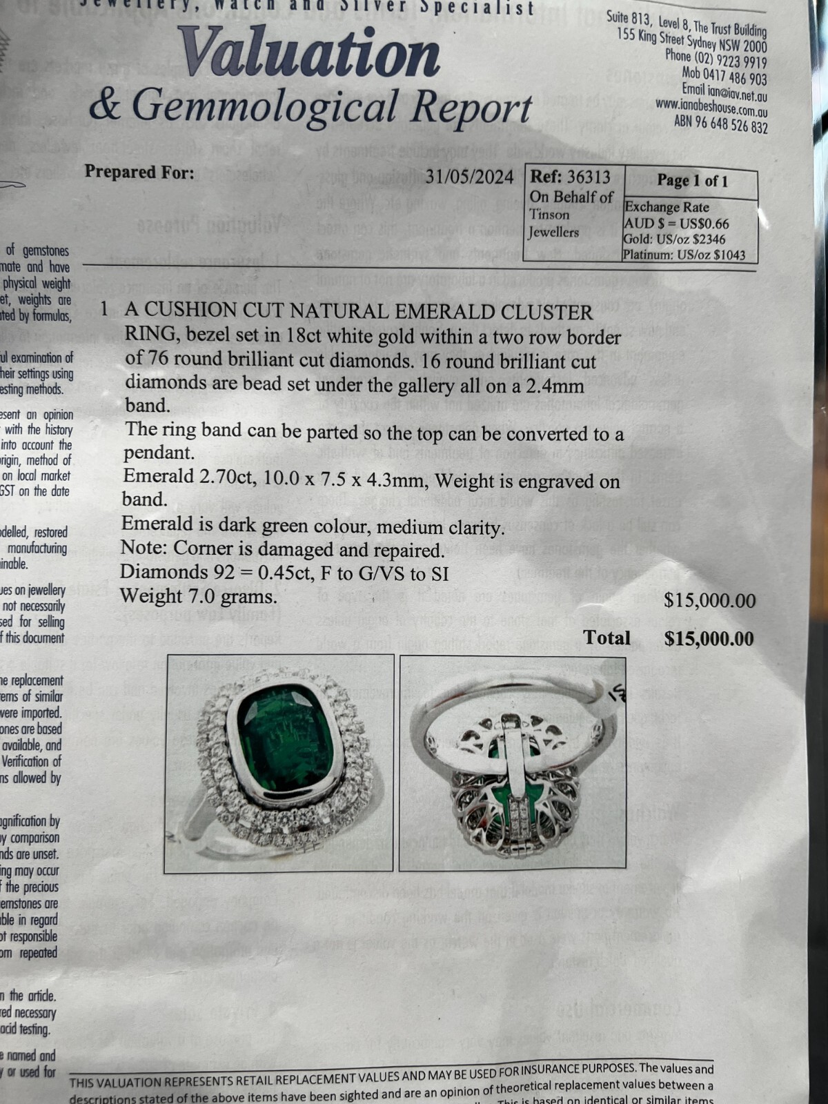 18ct White Gold Diamond Emerald Ring with Valuation Certificate