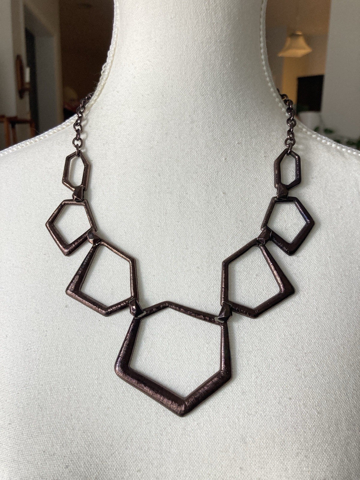Bronze Tone Geometric Bib Necklace Open Pentagon Modernist Statement Abstract