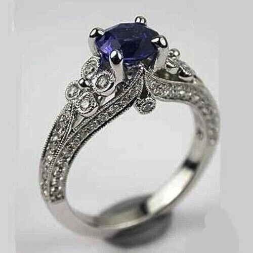 Art Deco Style 2.5Ct Created Blue Sapphire Engagement 14K White Gold Finish Ring