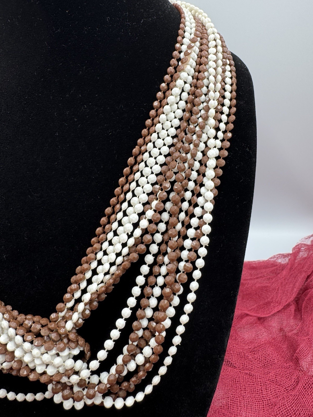 Vintage Multi-strand Brown White Plastic Beaded Necklace Long 50”