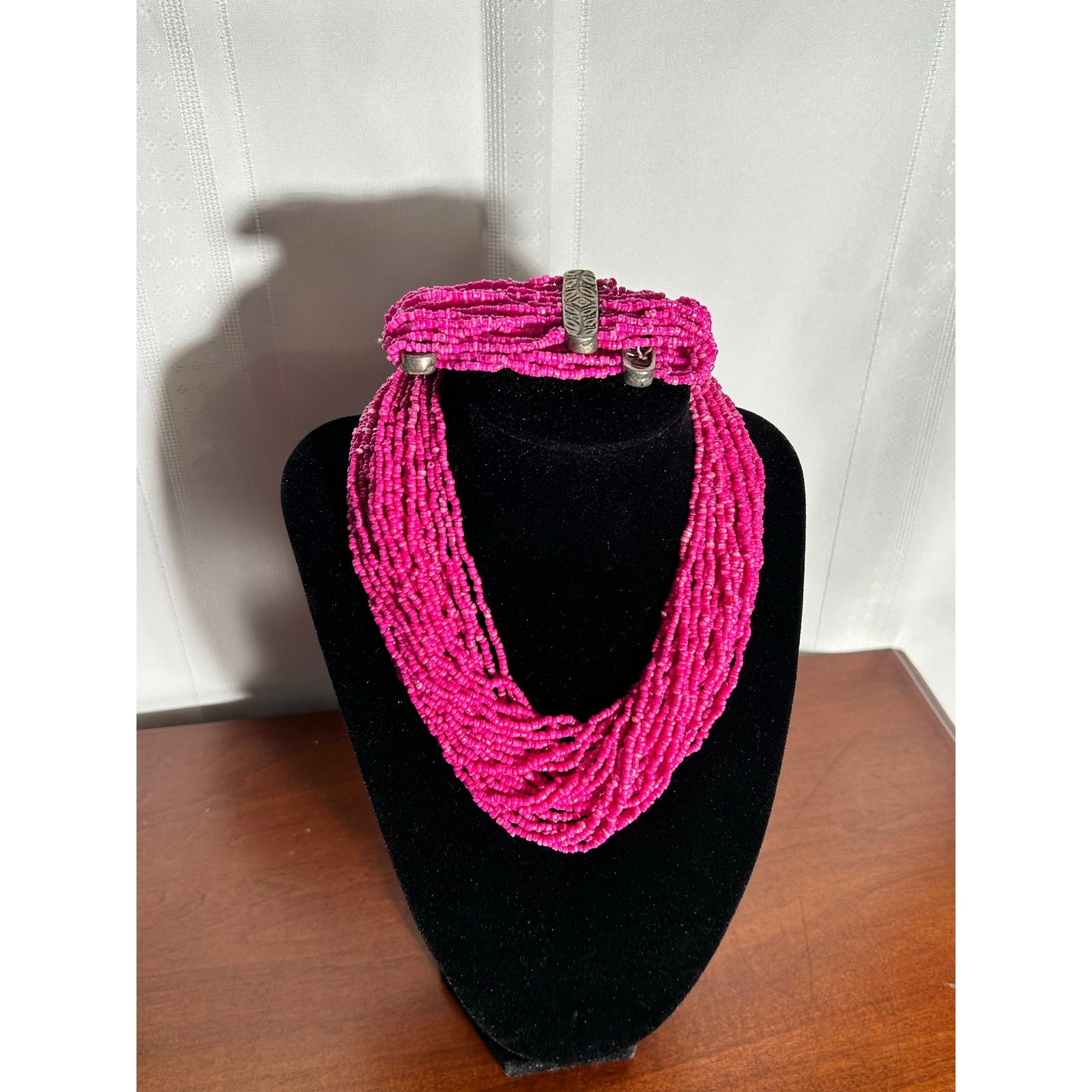 Vintage 36″ Pink Multi Strand Necklace & Stretch Bracelet Set Metal Accents