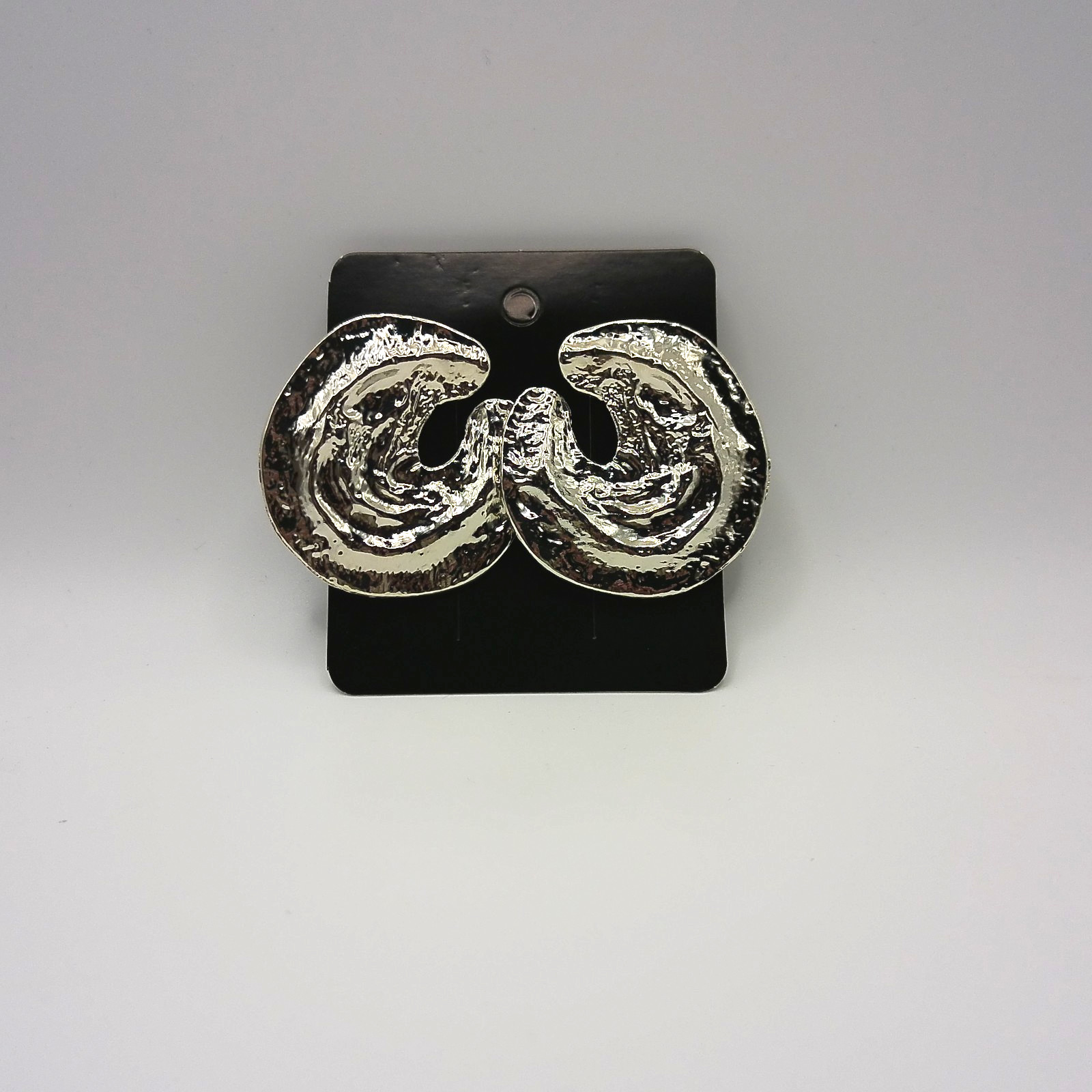 Earrings Large Geometric, Irregular textured stud silver tone finish open C