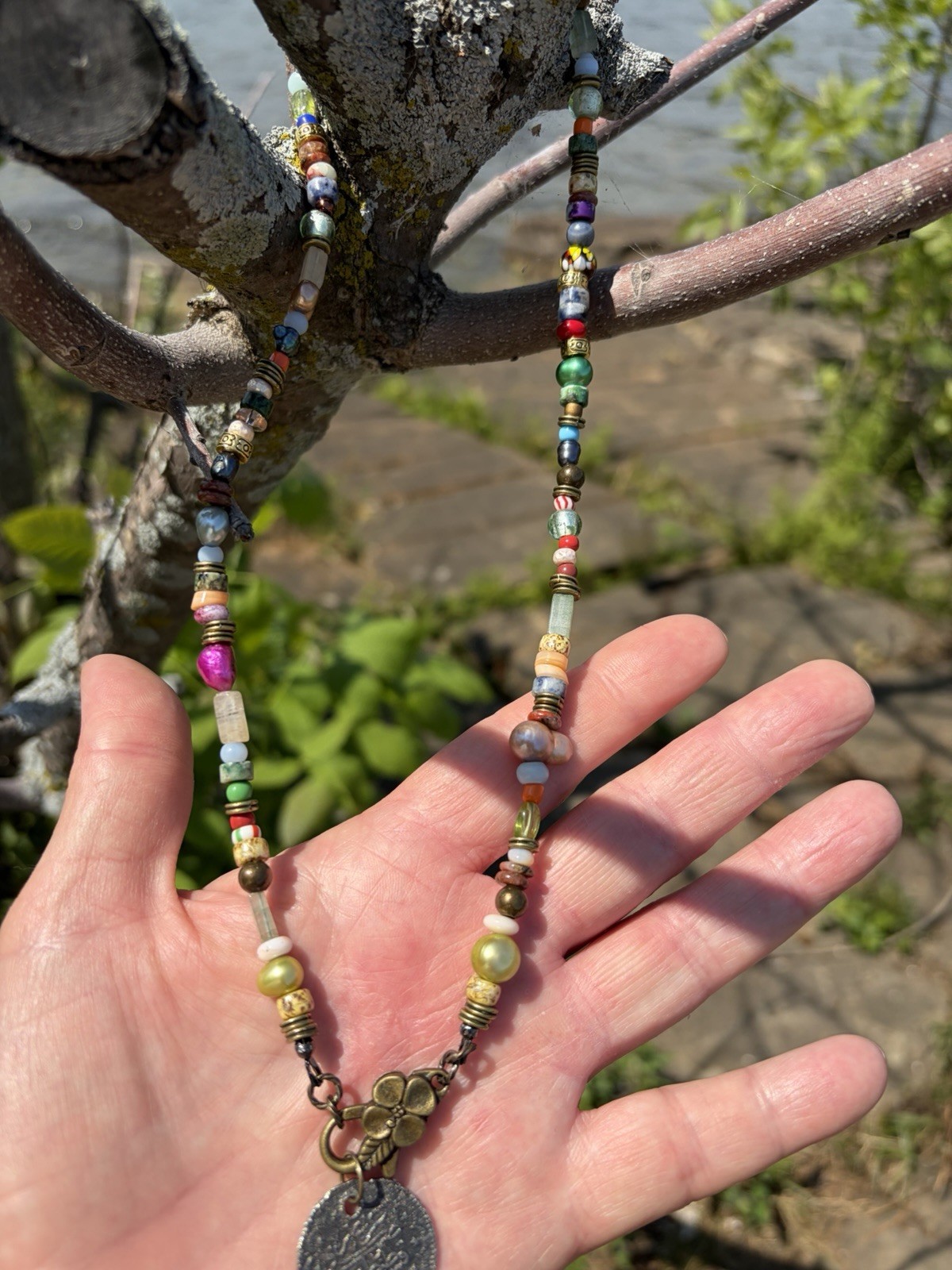 Multicolor Beaded Necklace Round Coin Pendant Bohemian fresh water pearls, glass