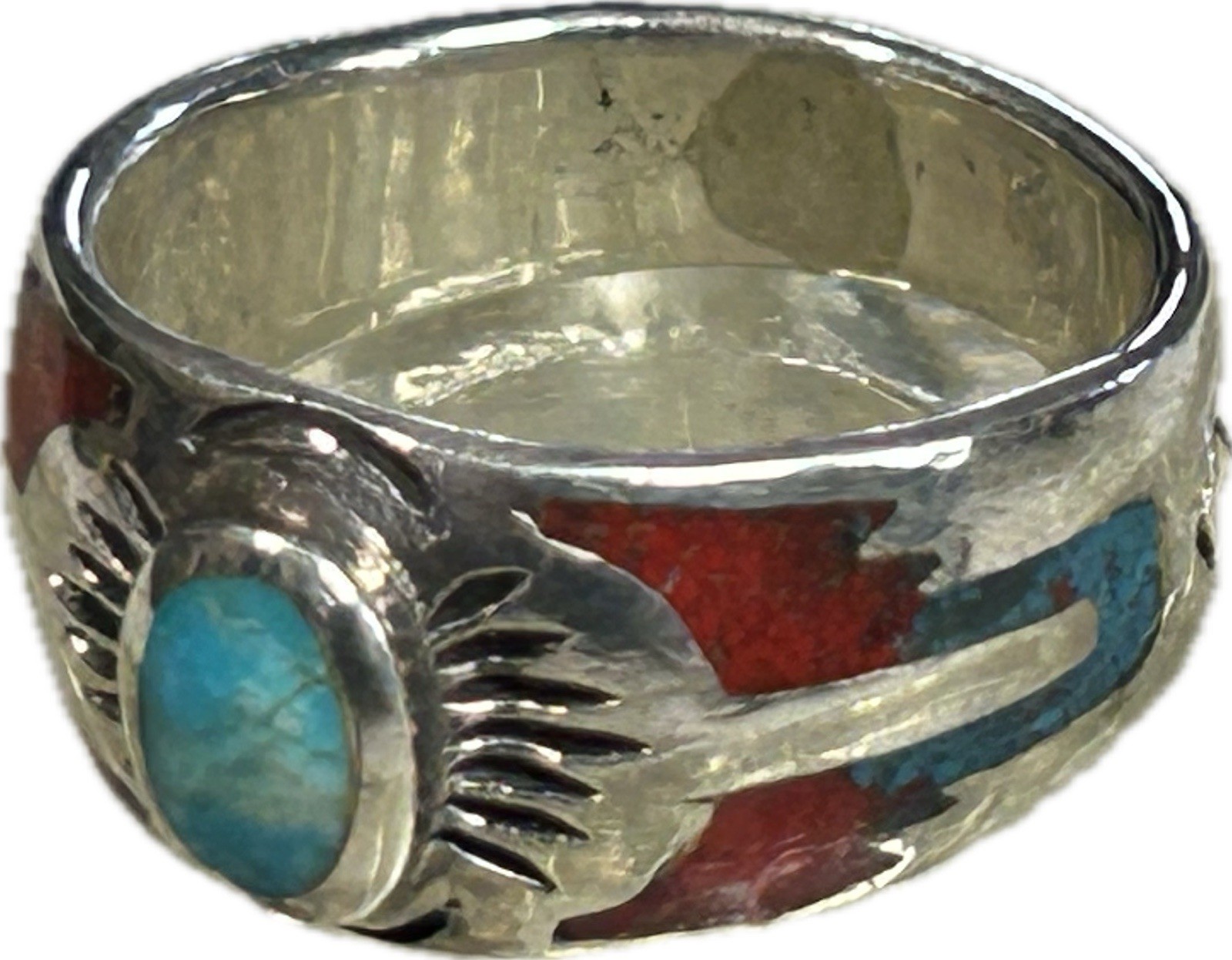 Southwest Silver Ring Native American Indian Style Turquoise with Red Coral