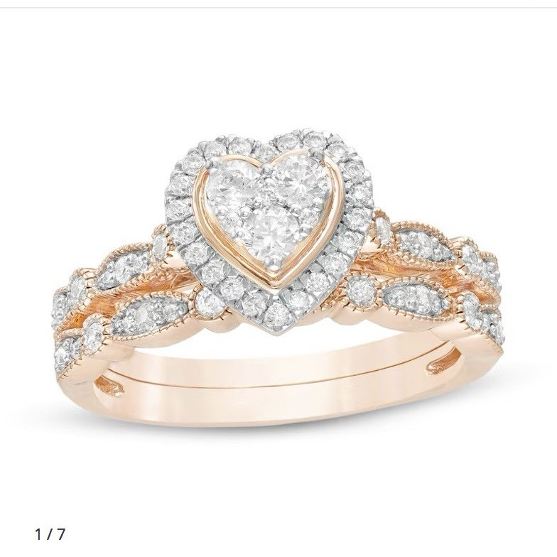 Zales 0.50 ctw Diamond Heart Engagement/Wedding Ring Set 10K Rose Gold Sz 9