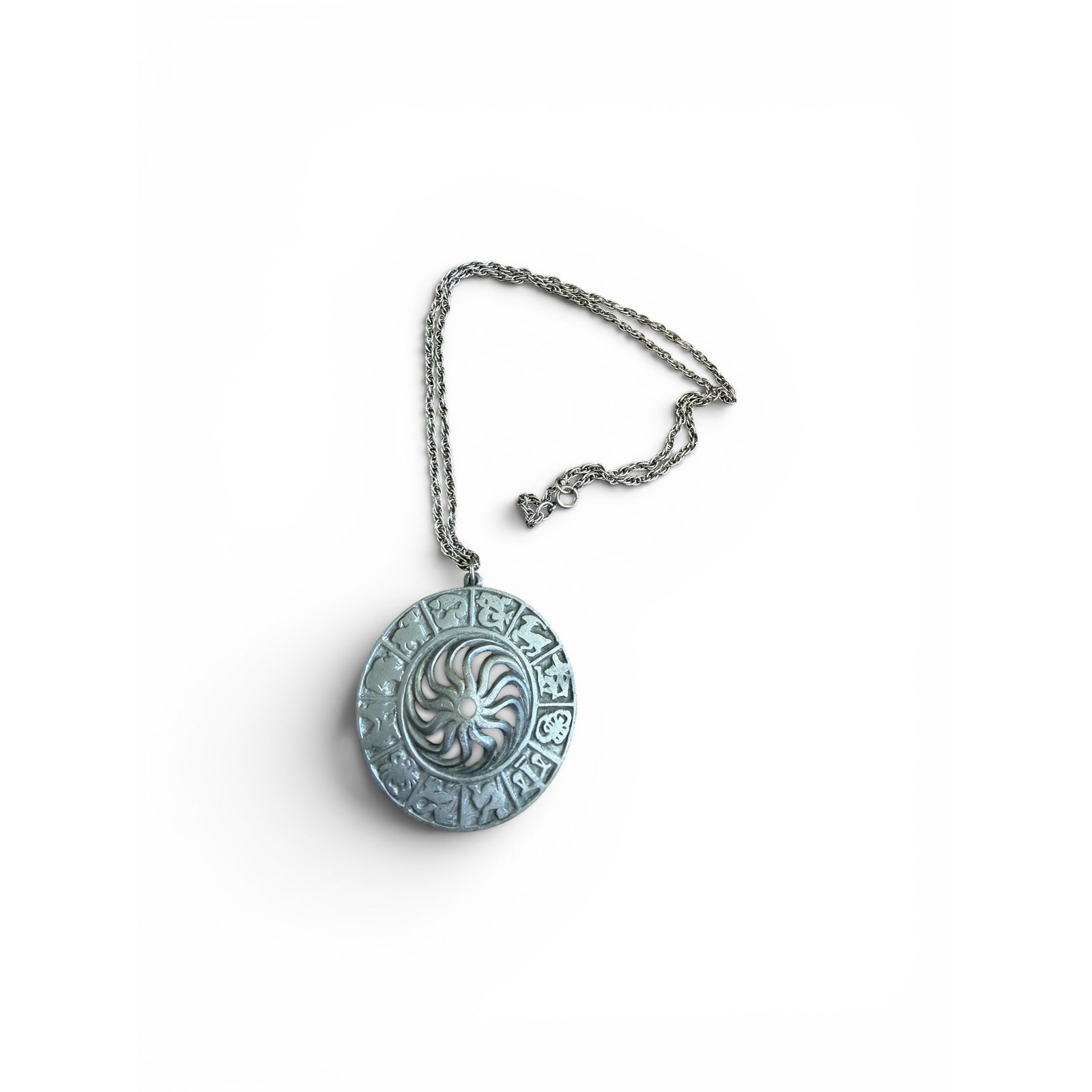 Vtg 70s Springmaid Pewter Zodiac Medallion Necklace Sunburst Astrology Pendant