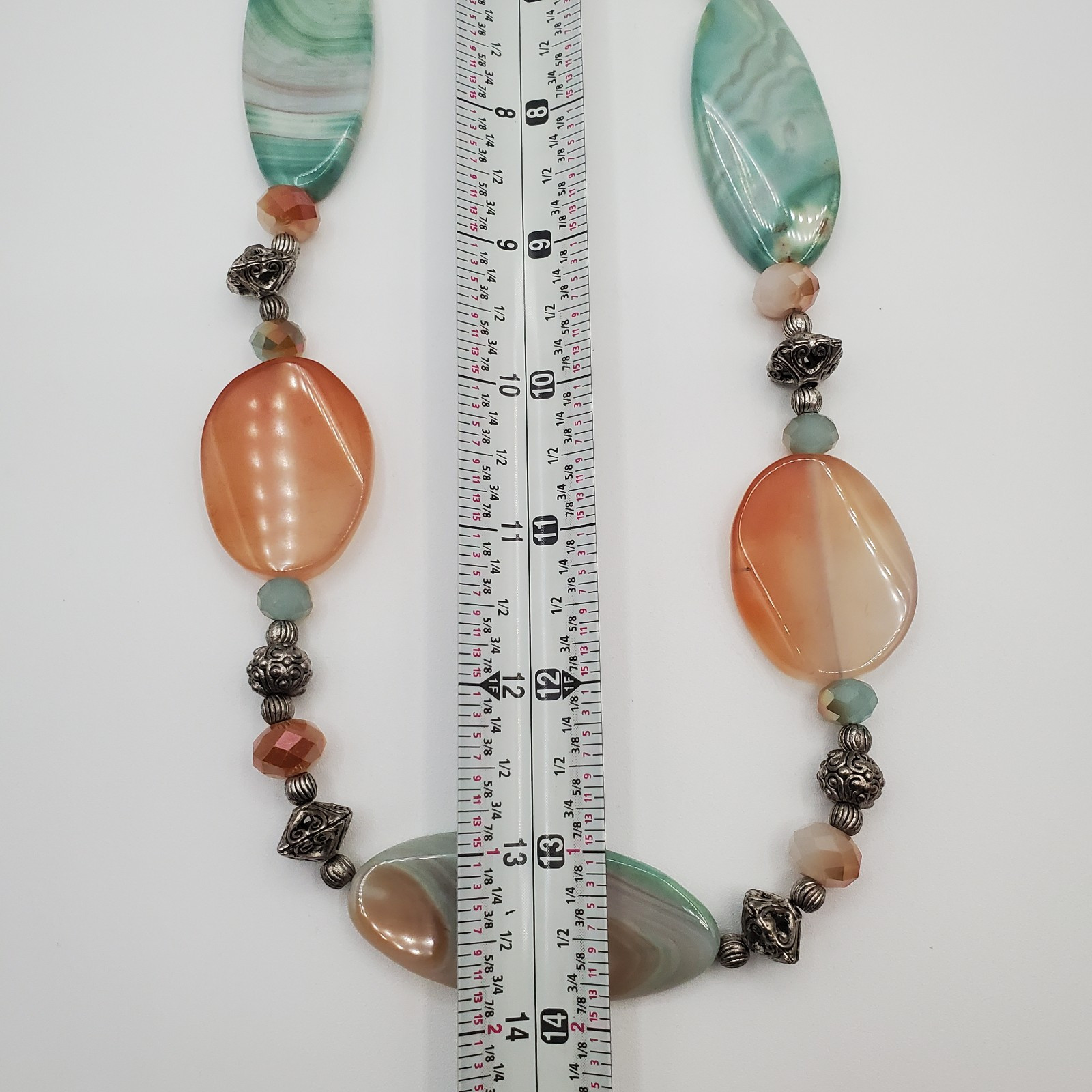 Banded Agate Stone Necklace 32in Peach Aqua Green Brown Polished Natural Beads