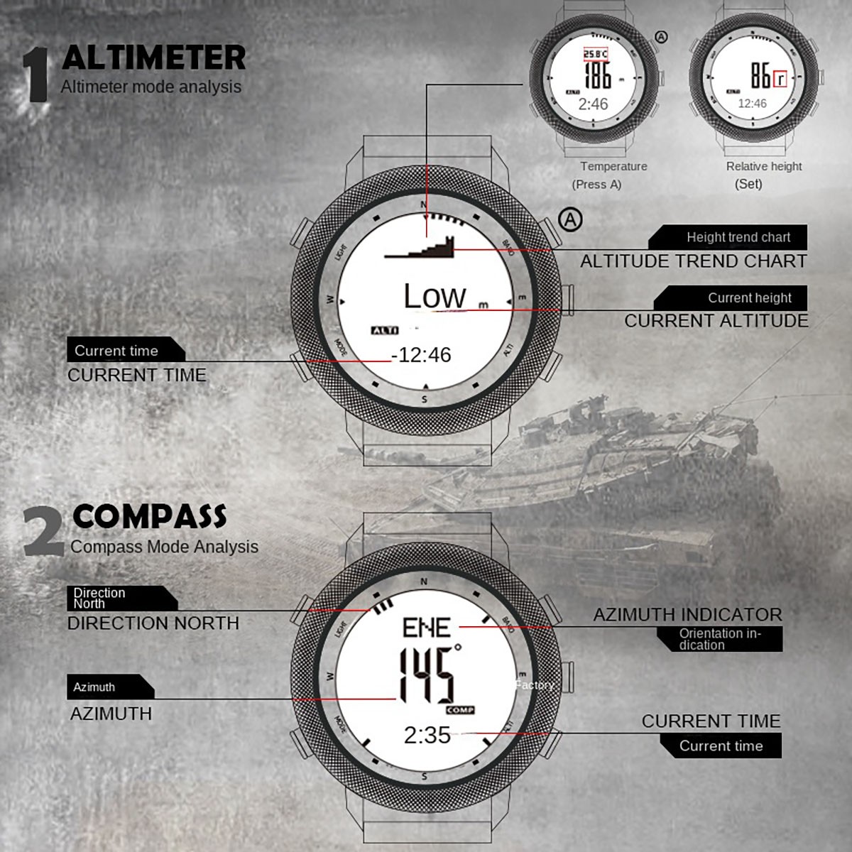 Men’s Outdoor Sport Tactical Smart Watch Altimeter Barometer Compass WristWatch`