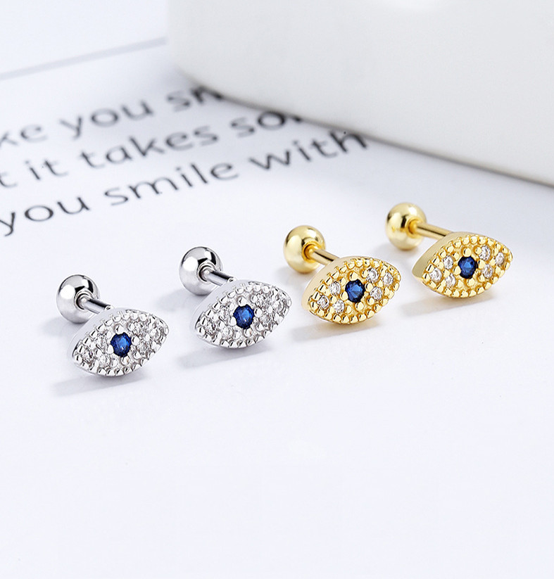 EVIL EYE SCREW BACK STUD EARRINGS BLUE WHITE CZ SILVER Plated III7