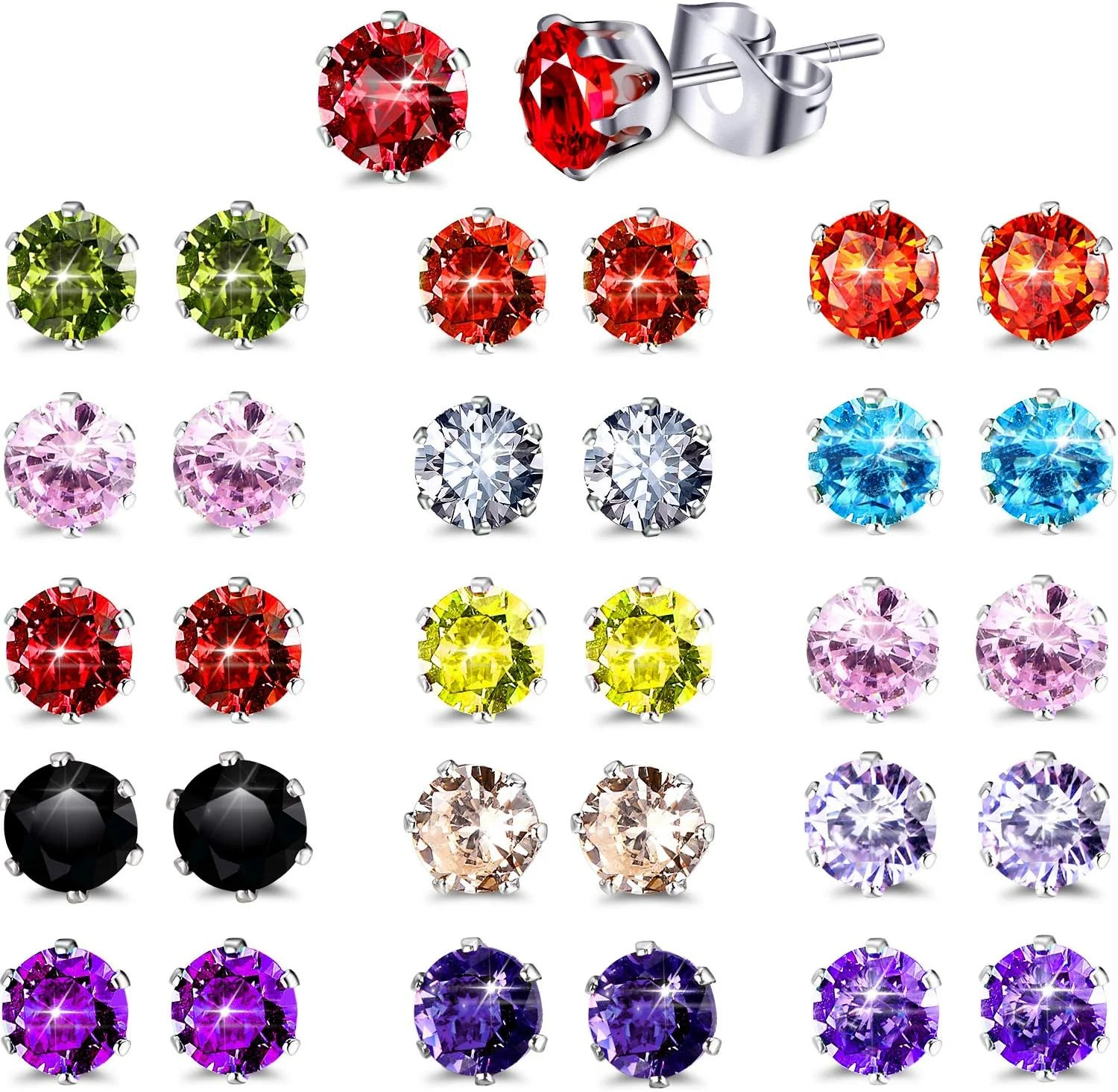 15 Pairs Stainless Steel Stud Earrings for Women Birthstone Hypoallergenic Cubic