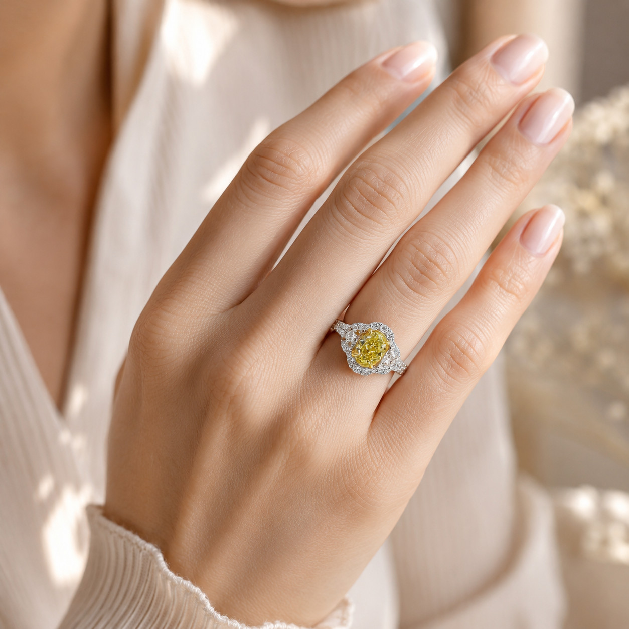 GIA Fancy Vivid Yellow Natural Diamond Ring 18K White Gold | 2.14ctw | Half Moon
