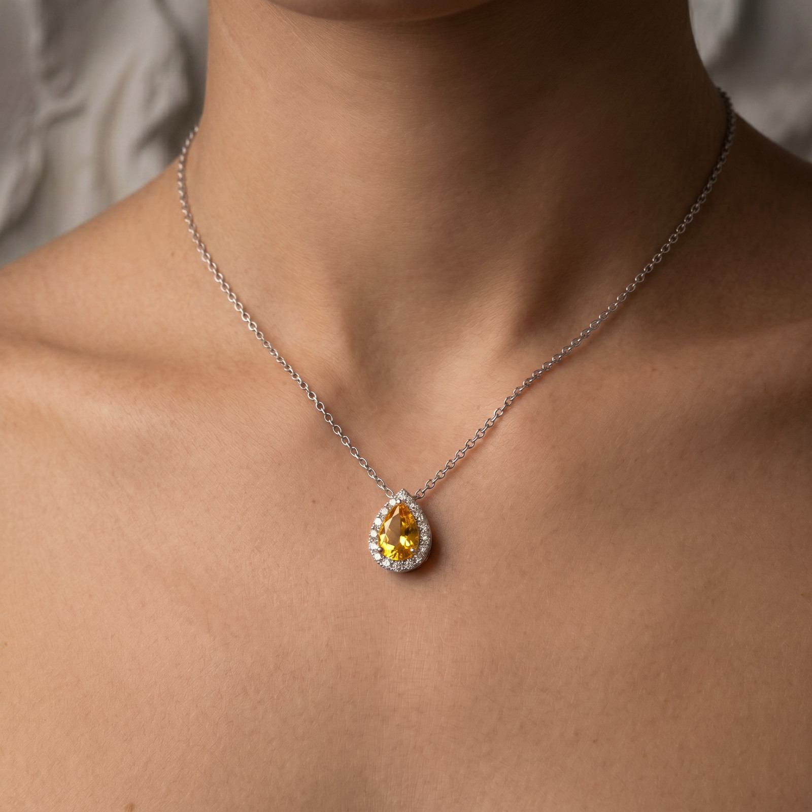 925 Sterling Silver Citrine Pear Pendant November Birthstone Necklace Gift-18″