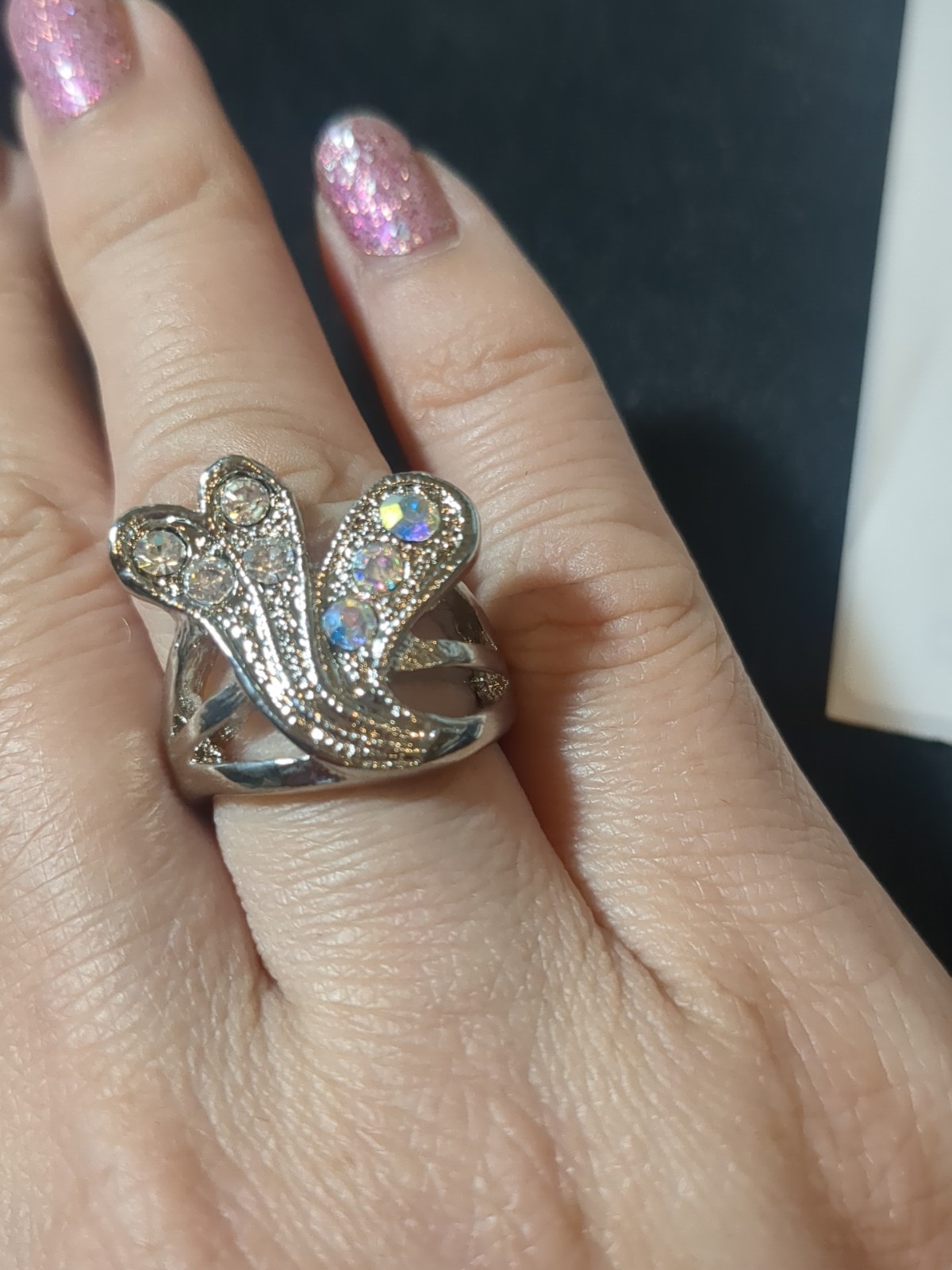 Silver Tone Cocktail Ring With Clear Stones Size 6