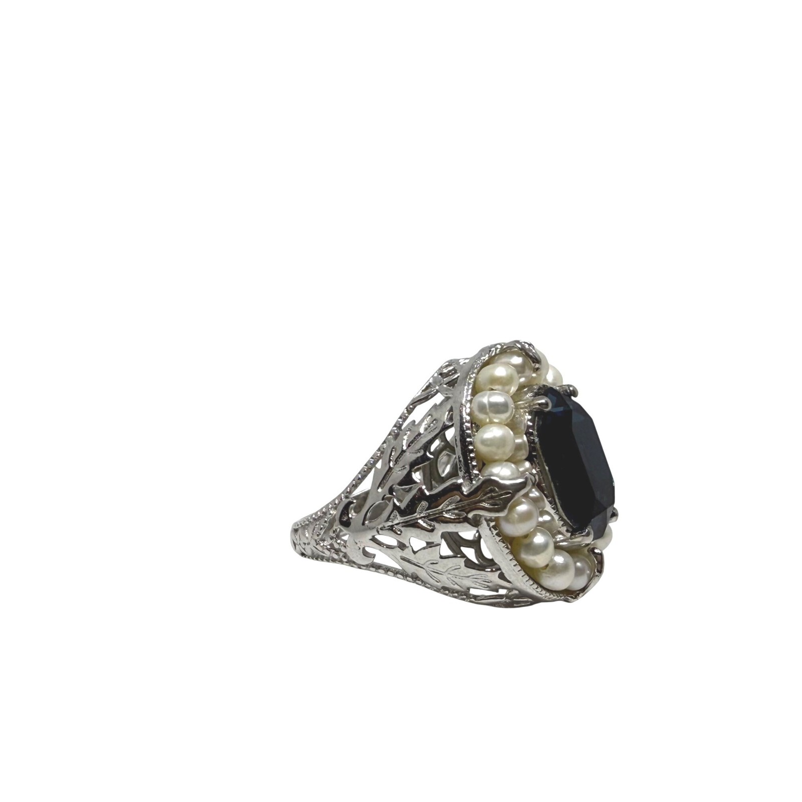 STS Karis Silver Toned Ring Blue Oval simulated gemstone Pearl Accents Intricate
