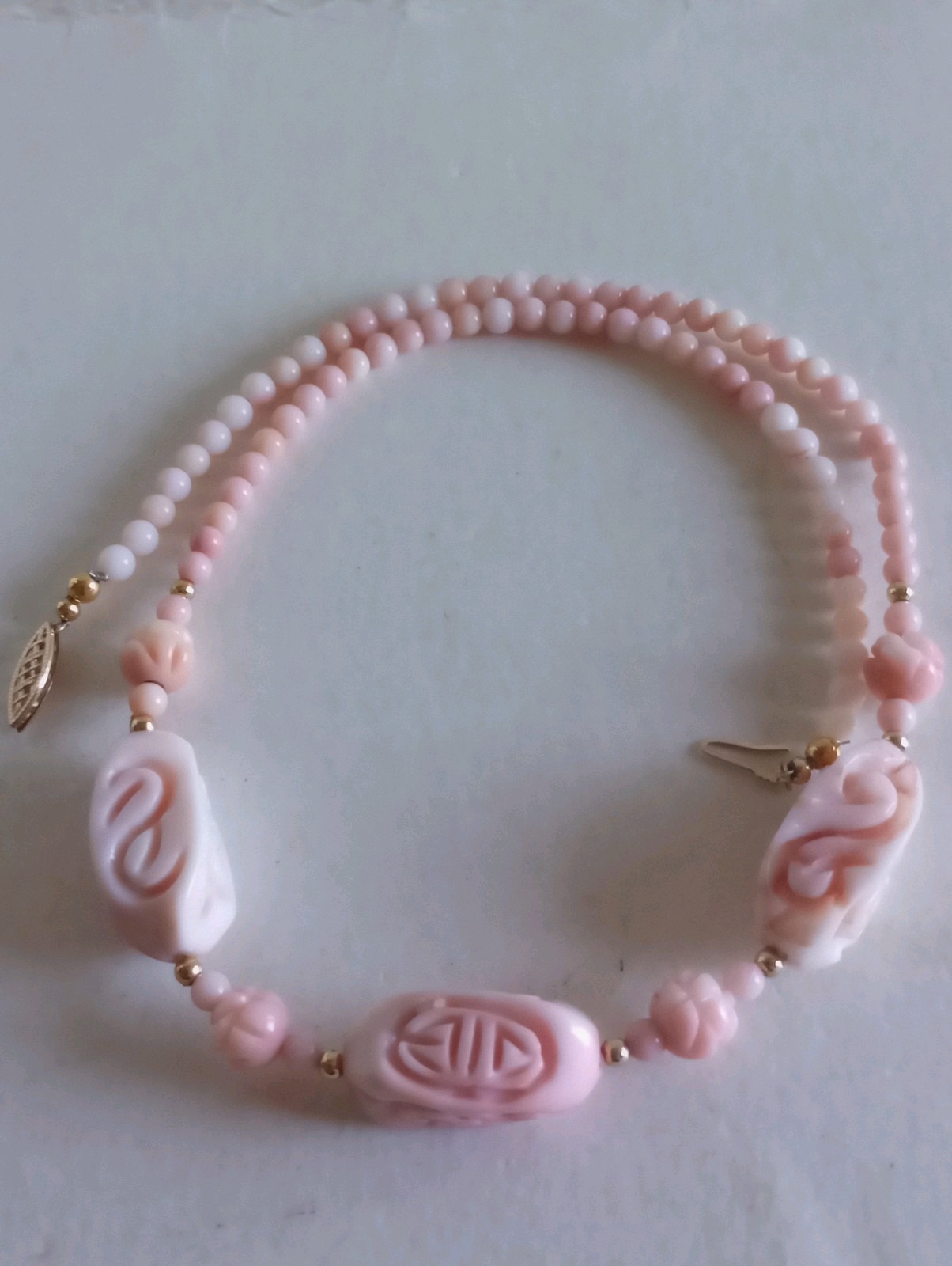 ESTATE CHINESE 14K GOLD CARVED PINK CORAL DRAGON SHOU LOTUS NECKLACE 17.5″ 30GR