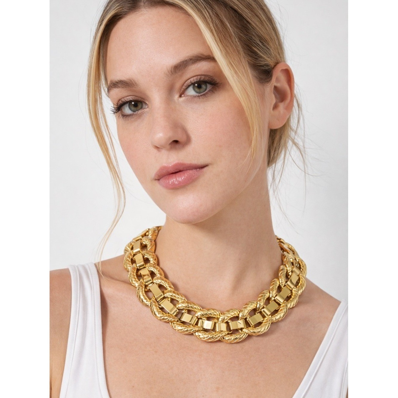 Chunky Gold Statement Chain Necklace Heavy Weight Double Link Collar NWT