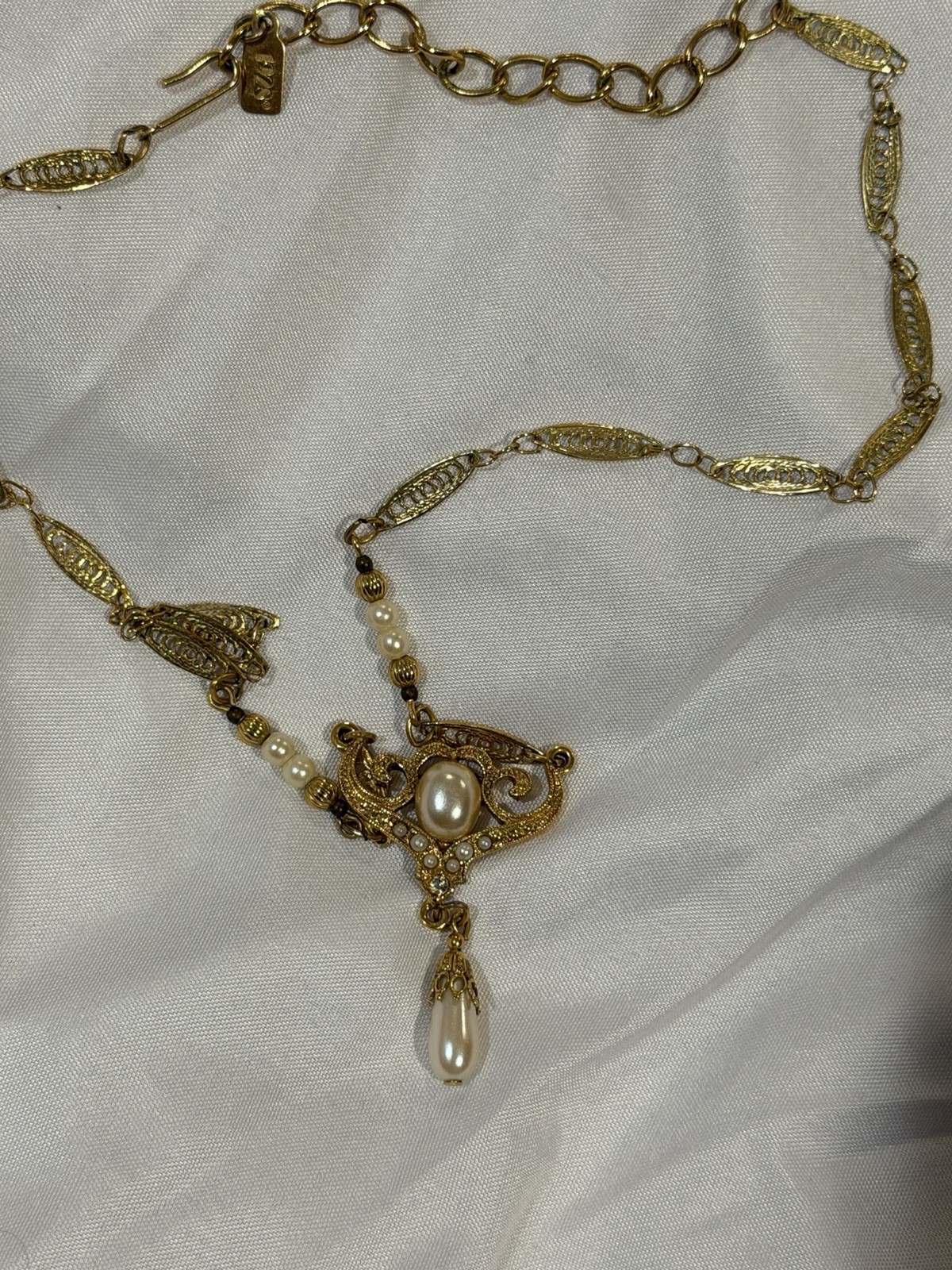 Early 1928 BRAND goldtone filigree crystal pearls drop Vintage pendant necklace