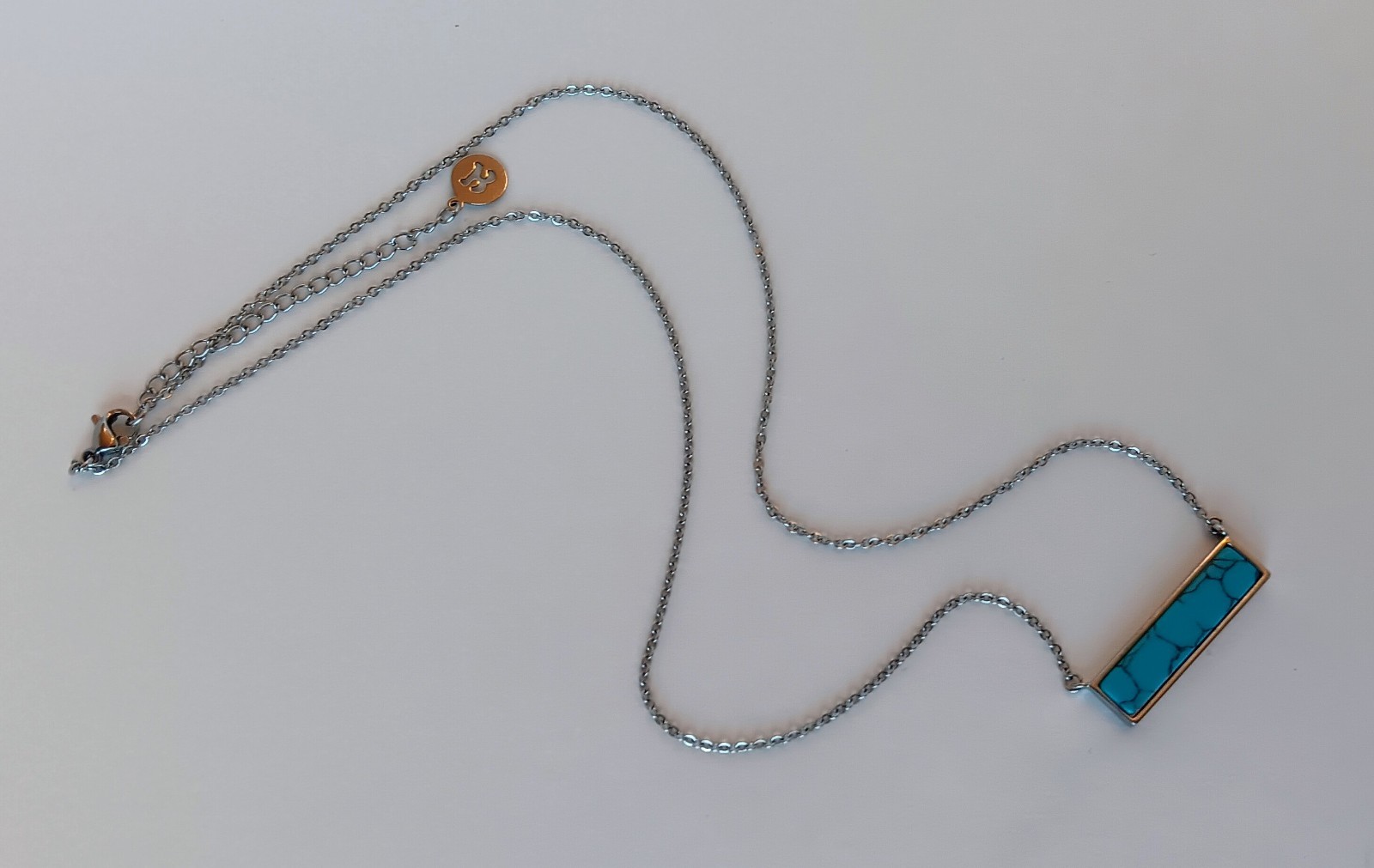 Signed Silvertone Turquoise Dyed Howlite Bar Charm Necklace 18-20 in