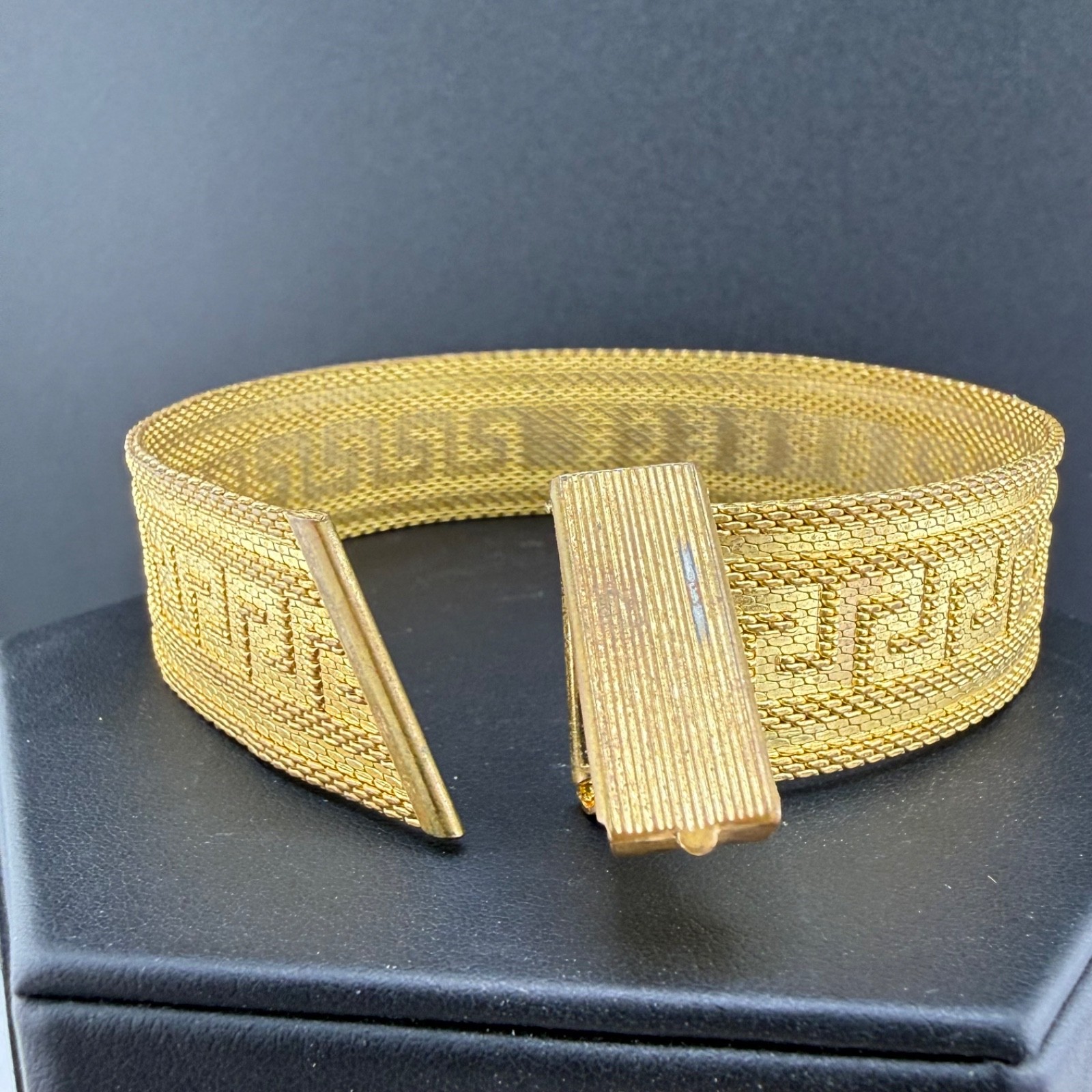 Vintage Greek Key Buckle Bracelet Wide Greece Gold Tone Adjustable 7.5”