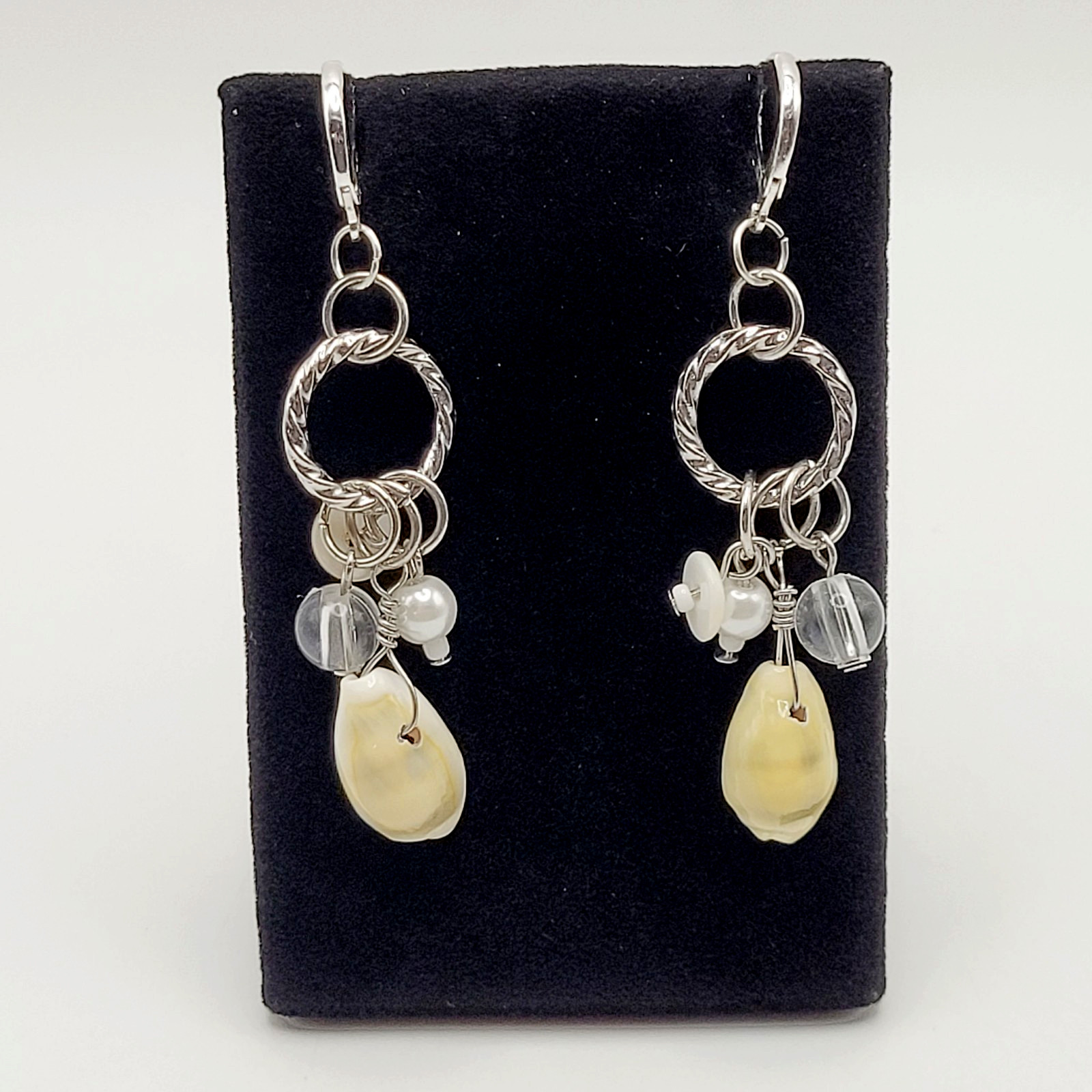 Handcrafted Boho Cowrie Shell Dangle Earrings Silver Tone Cluster Beaded Coastal