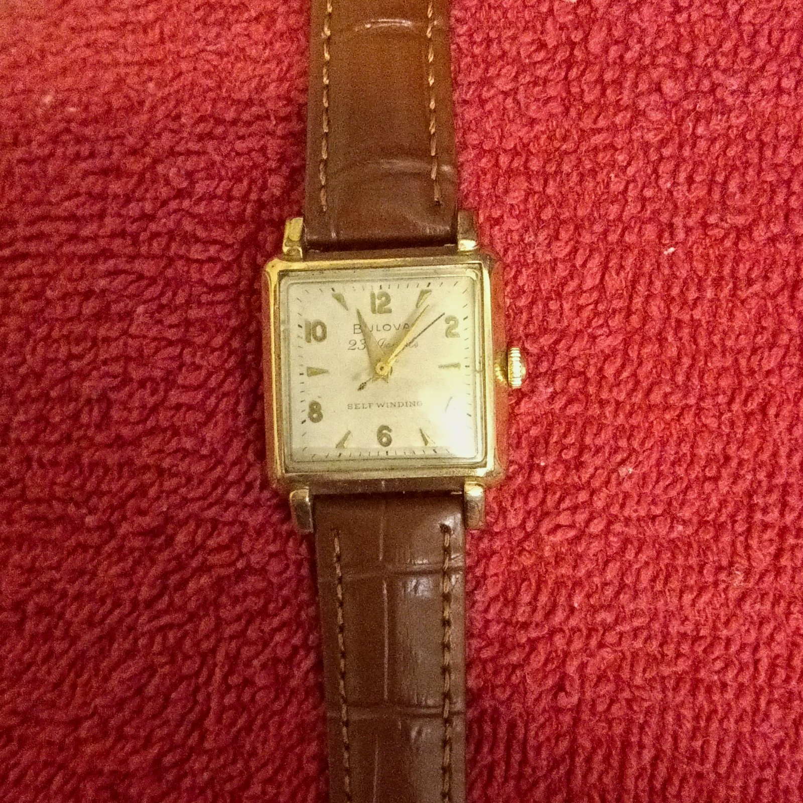 Bulova 23 Jewels Automatic Square Gold-Plated Watch White Dial Brown Leather