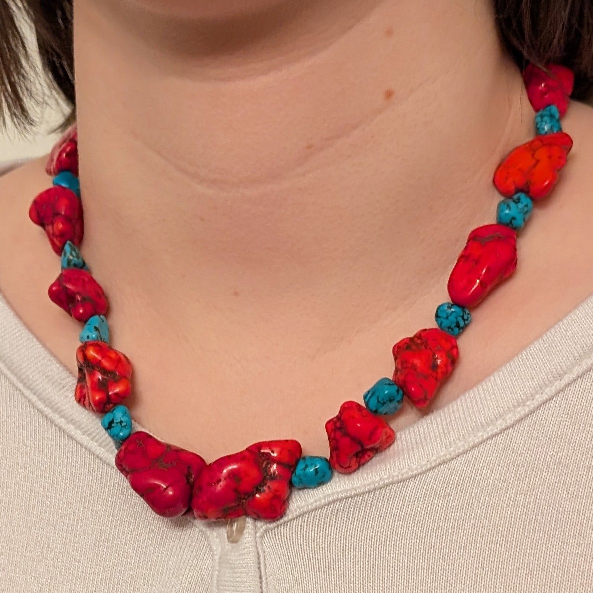 Chunky Necklace with Vivid Red and Blue Dyed Howlite Nuggets 18.5 in.