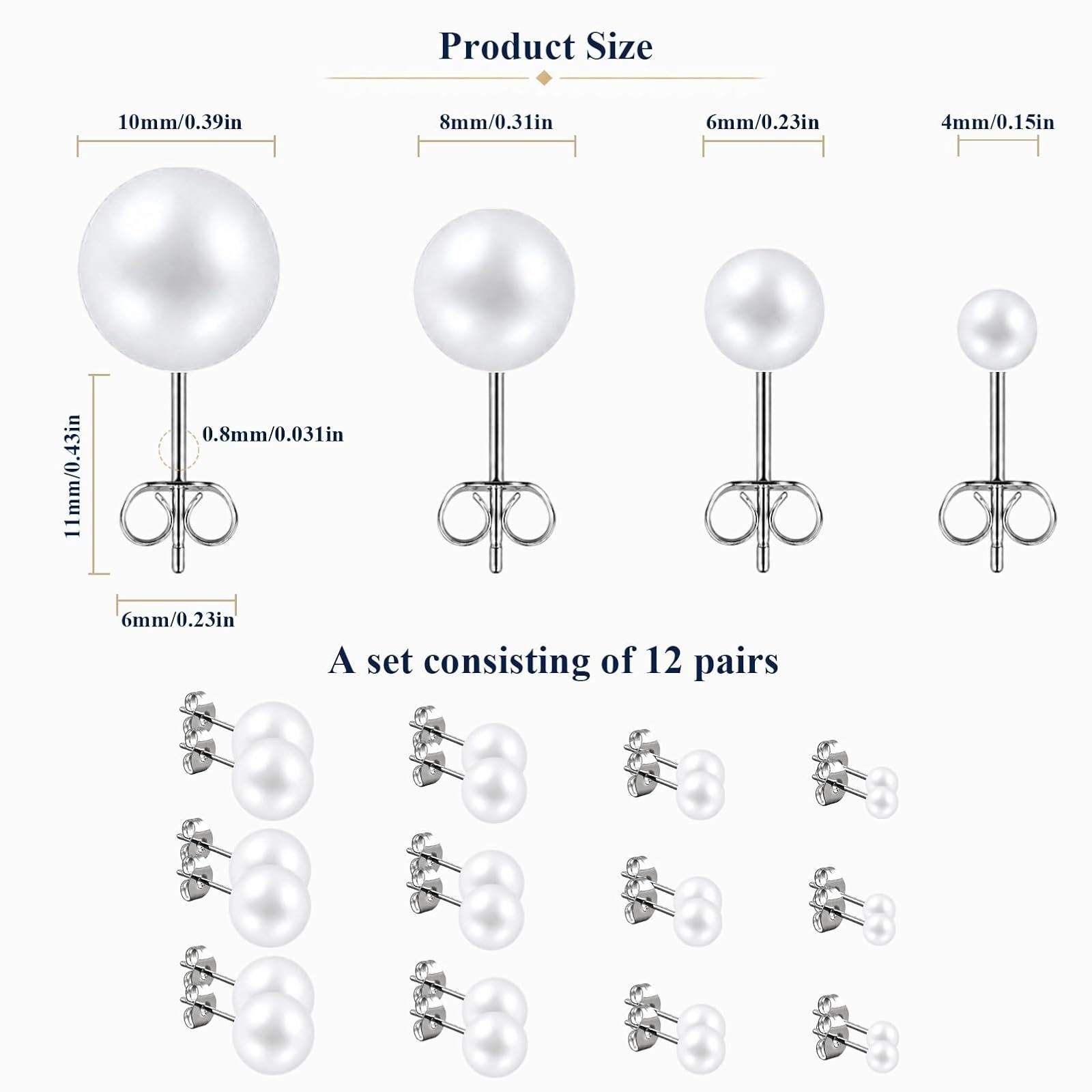 12 Pairs Simulated Pearl Stud Earrings Set Beige White Black MAQLON