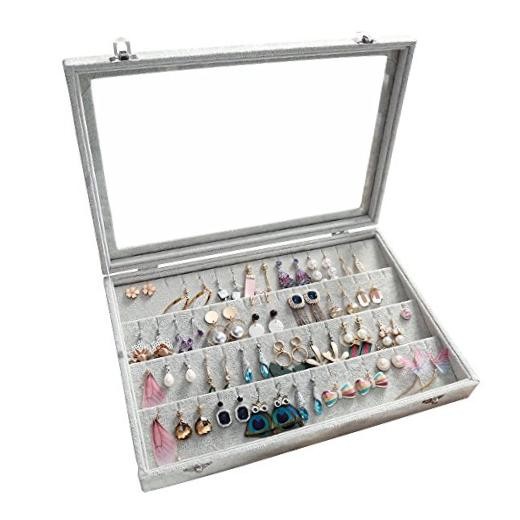 Velvet Clear Lid Earring Box Organizer Storage 55 Pairs Stud Tray Earrings
