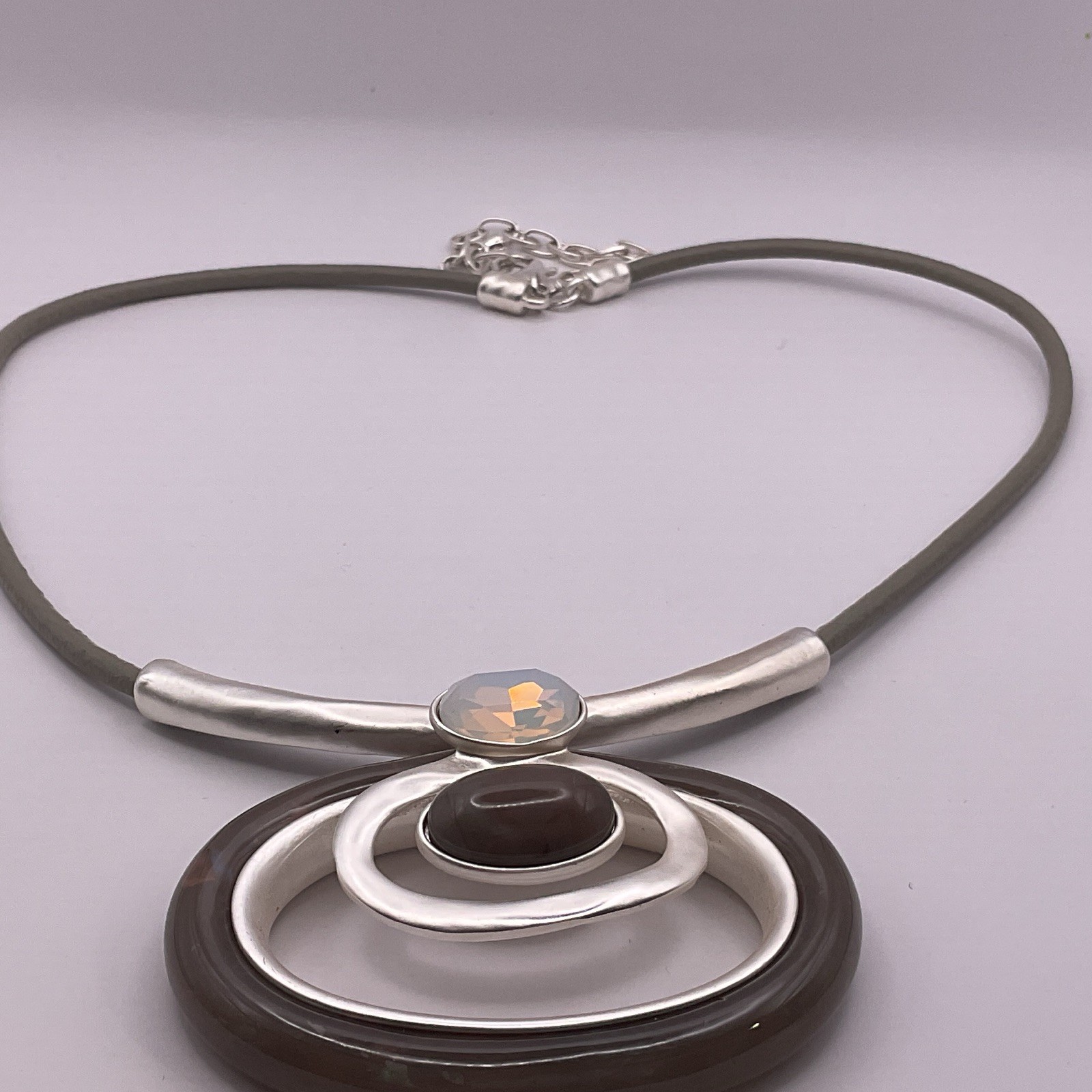 Cord Pendant Necklace – Adjustable Green Cord Silver Tone Round Crystal Charm