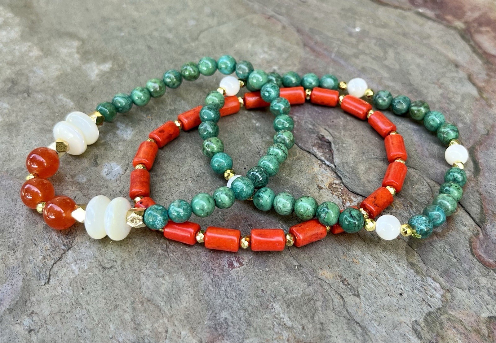 Barse NWT Blue Green Turquoise, Orange Jasper, White Shell Bracelet Set