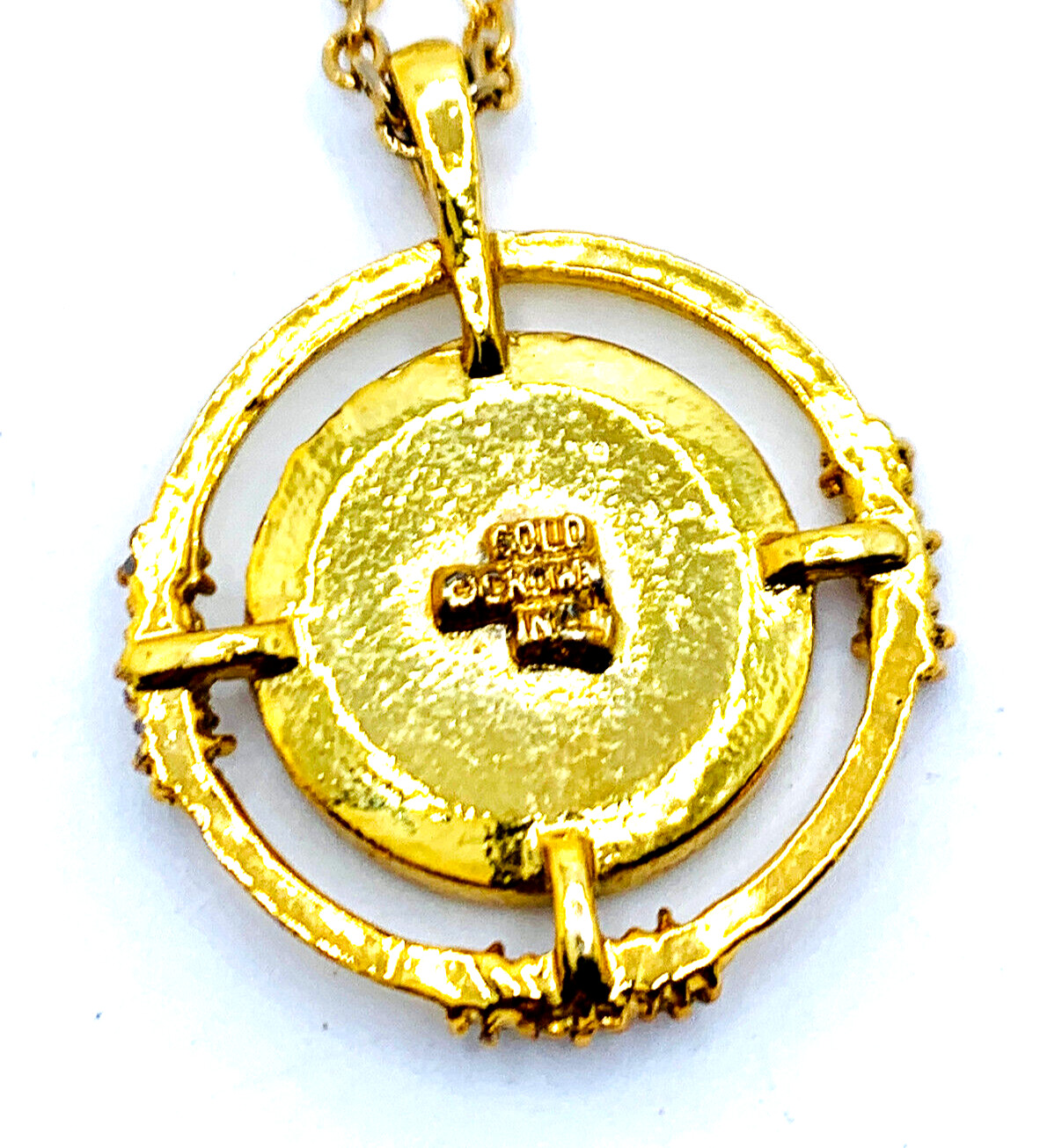 Vtg Gold Crown Inc Gold Tone Black Enamel Rhinestone Deco Rev. Pendant Necklace